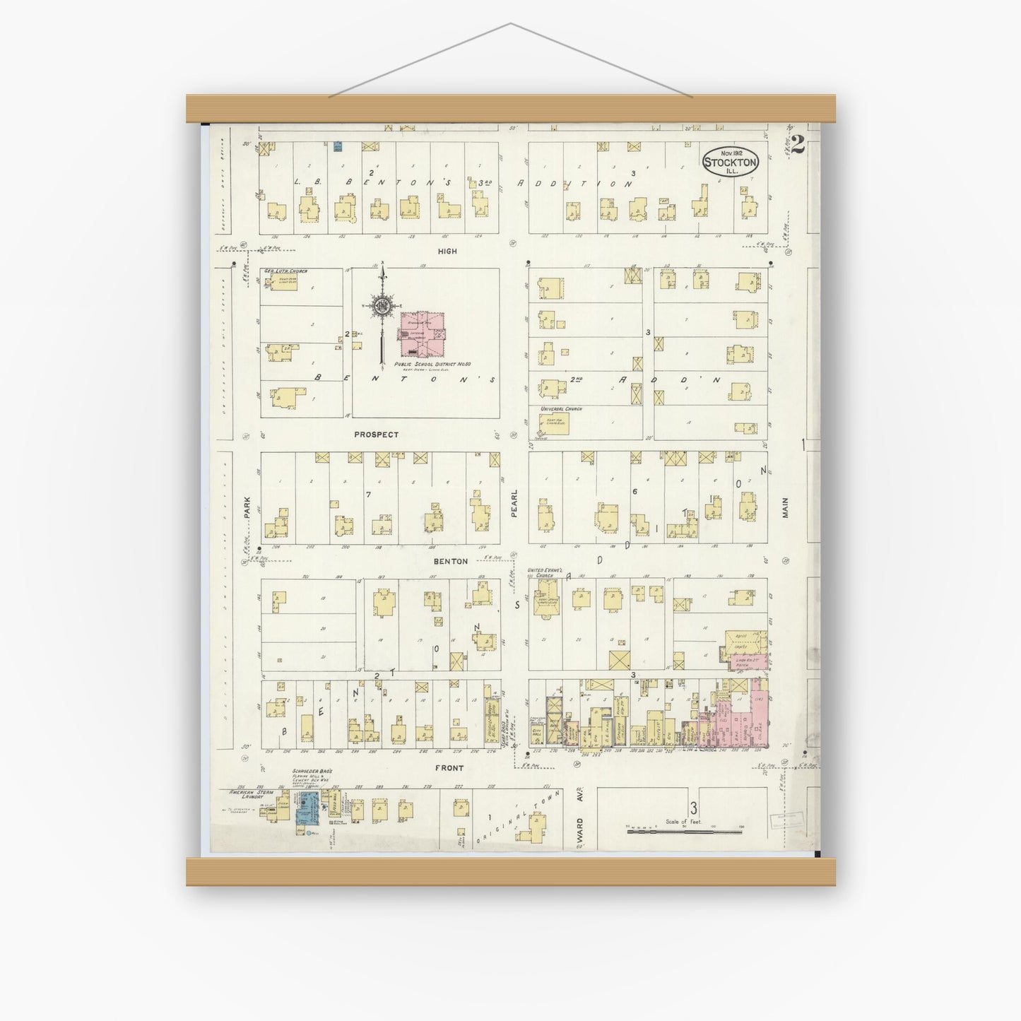 Old map wall art mockup — magnetic wood frame on white wall — Sanborn Fire Insurance Map from Stockton, Jo Daviess County, Illinois (1912), Sheet #0002