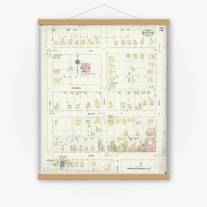Old map wall art mockup — magnetic wood frame on white wall — Sanborn Fire Insurance Map from Stockton, Jo Daviess County, Illinois (1912), Sheet #0002