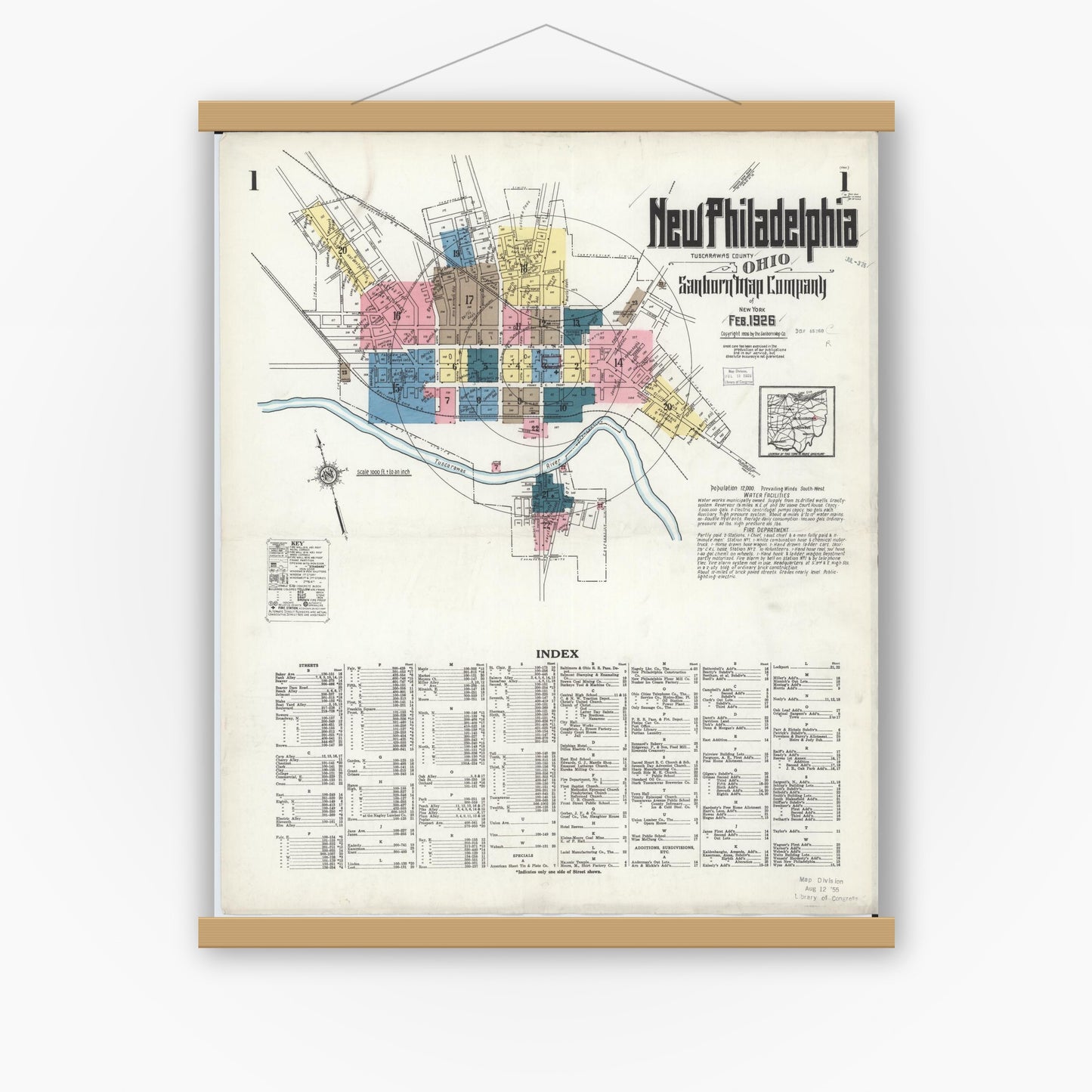 Old map wall art mockup — magnetic wood frame on white wall — Sanborn Fire Insurance Map from New Philadelphia, Tuscarawas County, Ohio (1926) - Complete Map Set