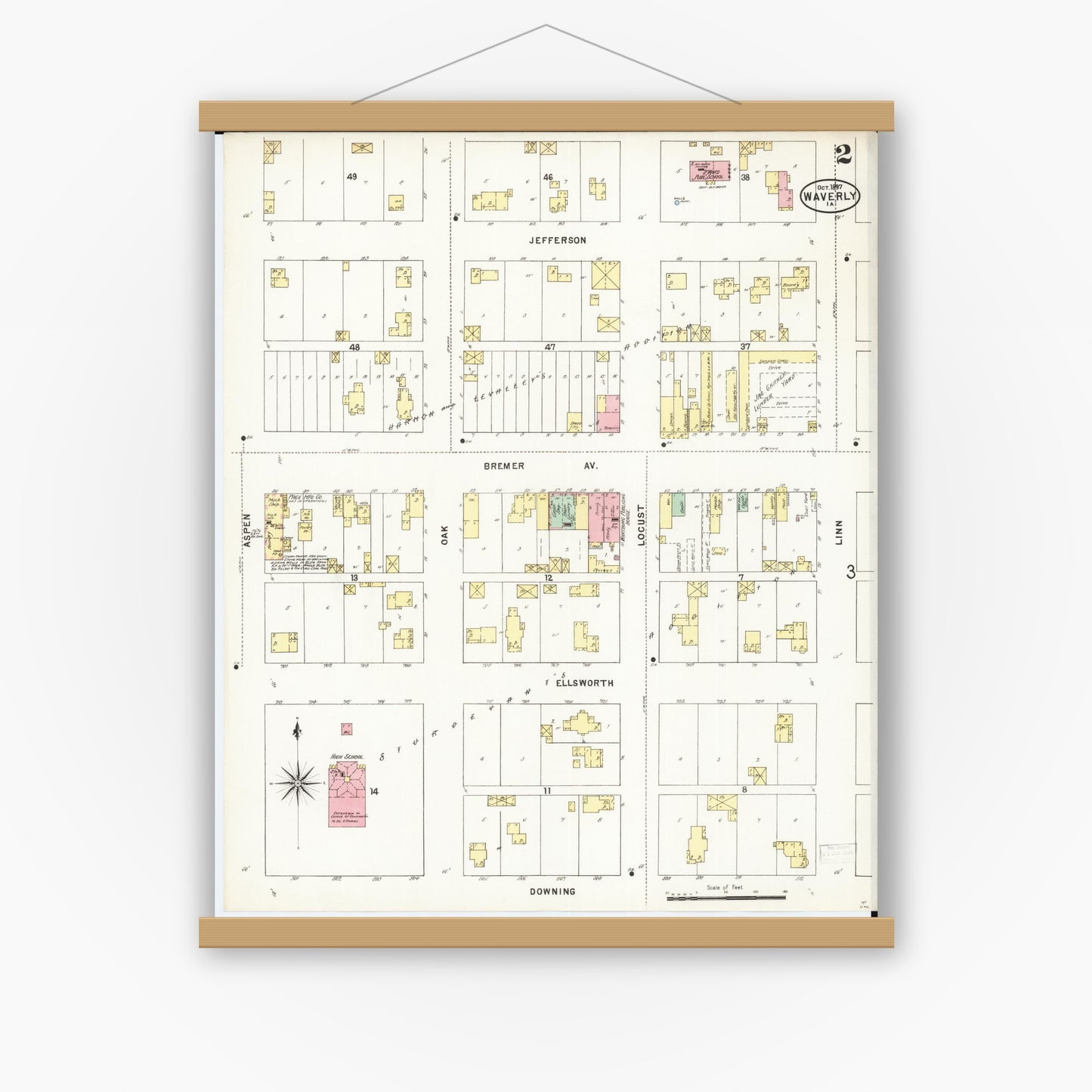 Old map wall art mockup — magnetic wood frame on white wall — Sanborn Fire Insurance Map from Waverly, Bremer County, Iowa (1897), Sheet #0002