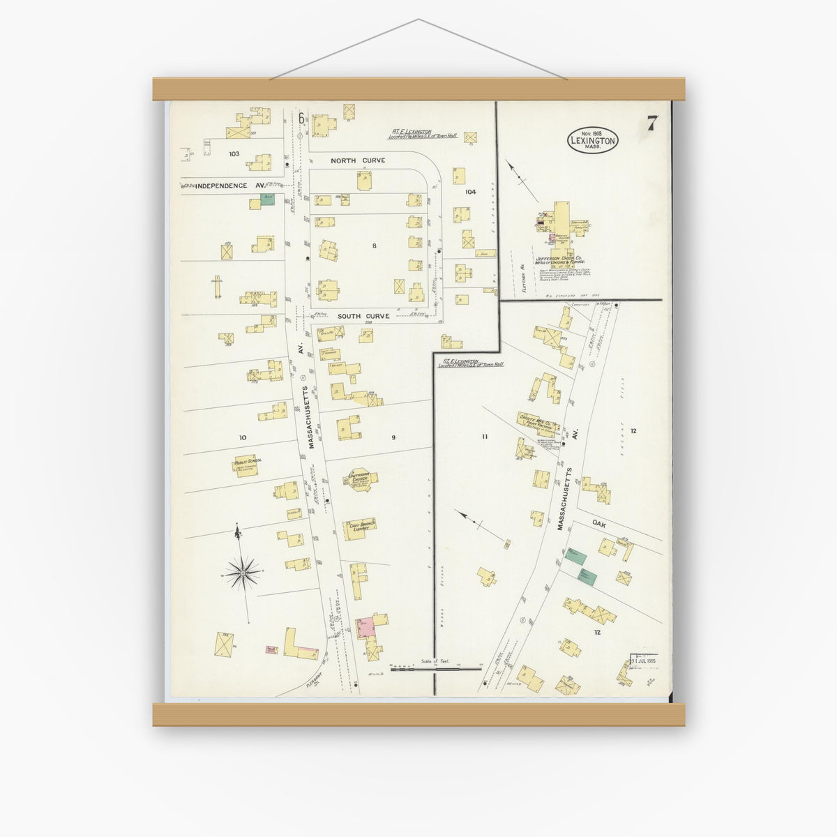 Old map wall art mockup — magnetic wood frame on white wall — Sanborn Fire Insurance Map from Lexington, Middlesex County, Massachusetts (1908), Sheet #0007