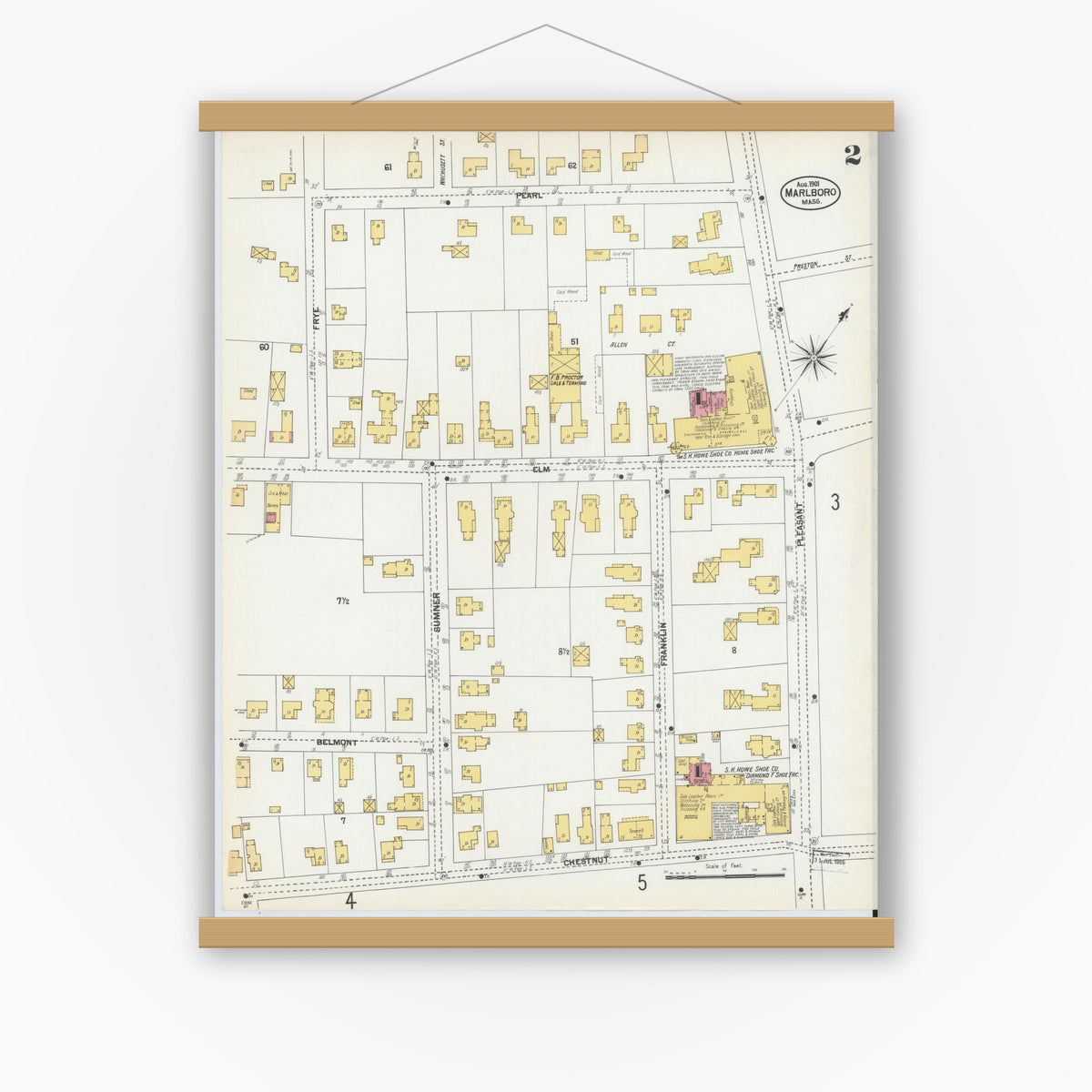 Old map wall art mockup — magnetic wood frame on white wall — Sanborn Fire Insurance Map from Marlborough, Middlesex County, Massachusetts (1901), Sheet #0002