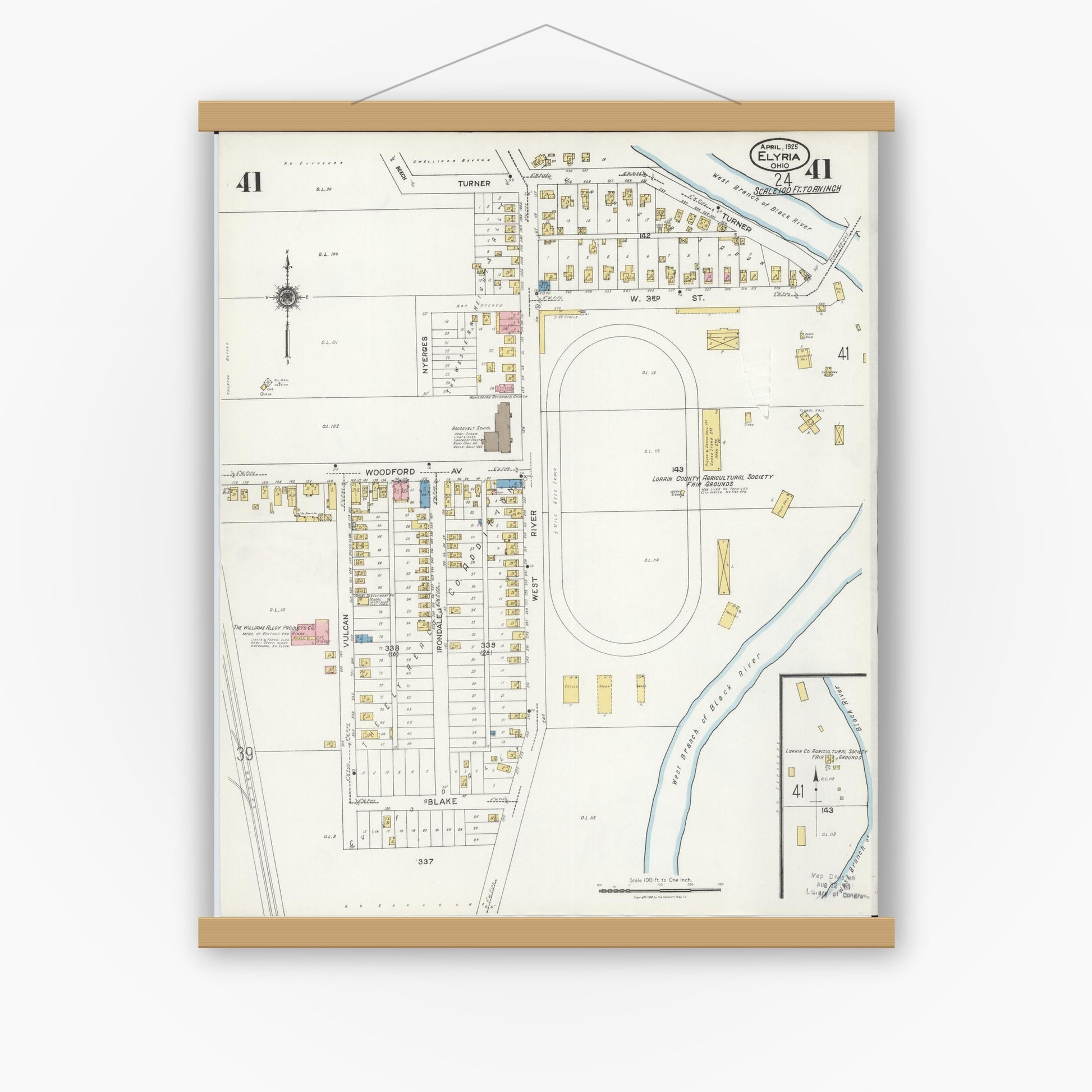 Old map wall art mockup — magnetic wood frame on white wall — Sanborn Fire Insurance Map from Elyria, Lorain County, Ohio (1925), Sheet #0041