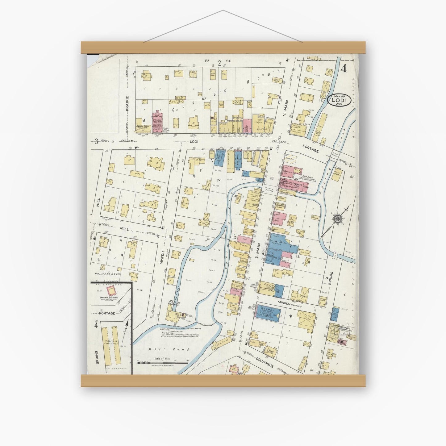 Old map wall art mockup — magnetic wood frame on white wall — Sanborn Fire Insurance Map from Lodi, Columbia County, Wisconsin (1919), Sheet #0004