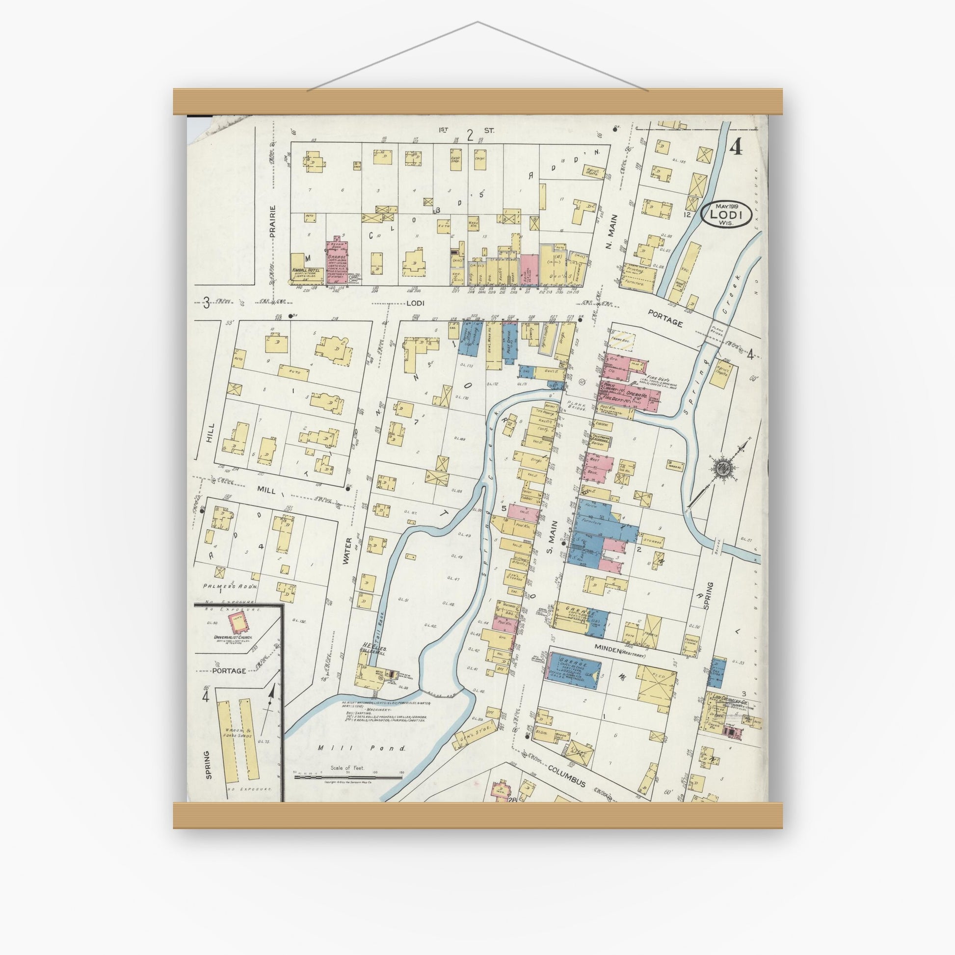 Old map wall art mockup — magnetic wood frame on white wall — Sanborn Fire Insurance Map from Lodi, Columbia County, Wisconsin (1919), Sheet #0004