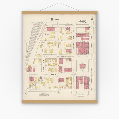 Old map wall art mockup — magnetic wood frame on white wall — Sanborn Fire Insurance Map from Monroe, Union County, North Carolina (1922), Sheet #0002