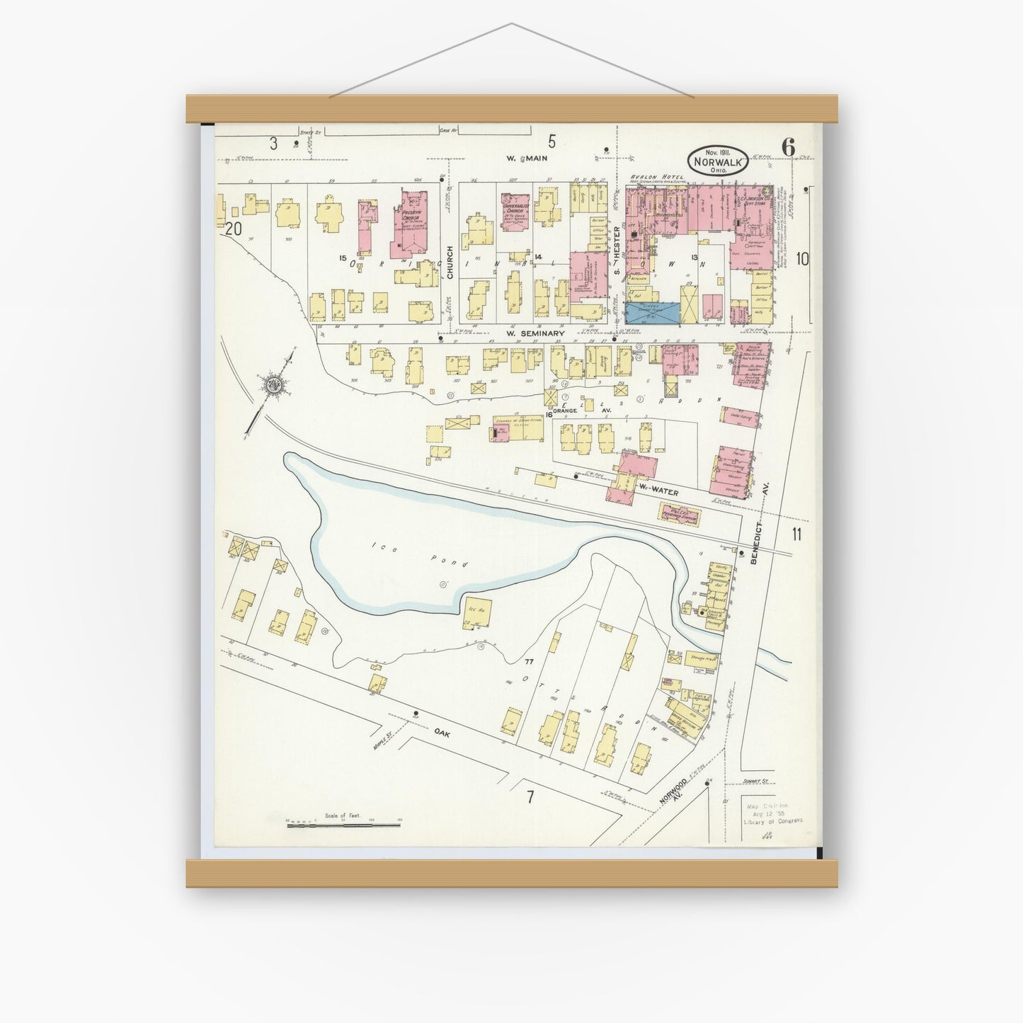 Old map wall art mockup — magnetic wood frame on white wall — Sanborn Fire Insurance Map from Norwalk, Huron County, Ohio (1911), Sheet #0006