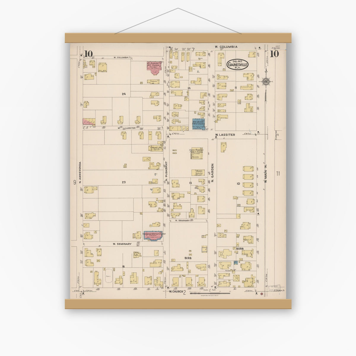 Old map wall art mockup — magnetic wood frame on white wall — Sanborn Fire Insurance Map from Gainesville, Alachua County, Florida (1922), Sheet #0010