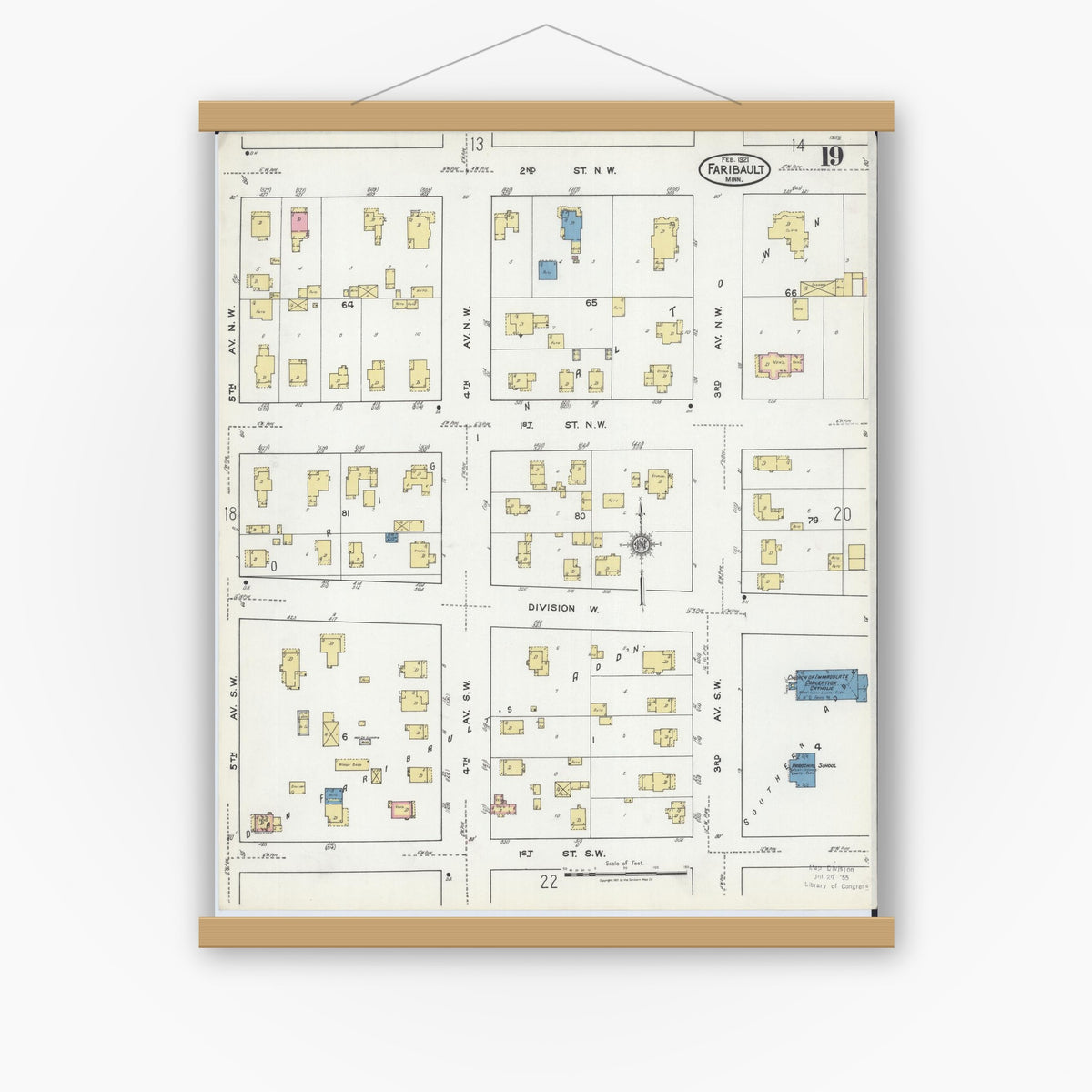 Old map wall art mockup — magnetic wood frame on white wall — Sanborn Fire Insurance Map from Faribault, Rice County, Minnesota (1921), Sheet #0019