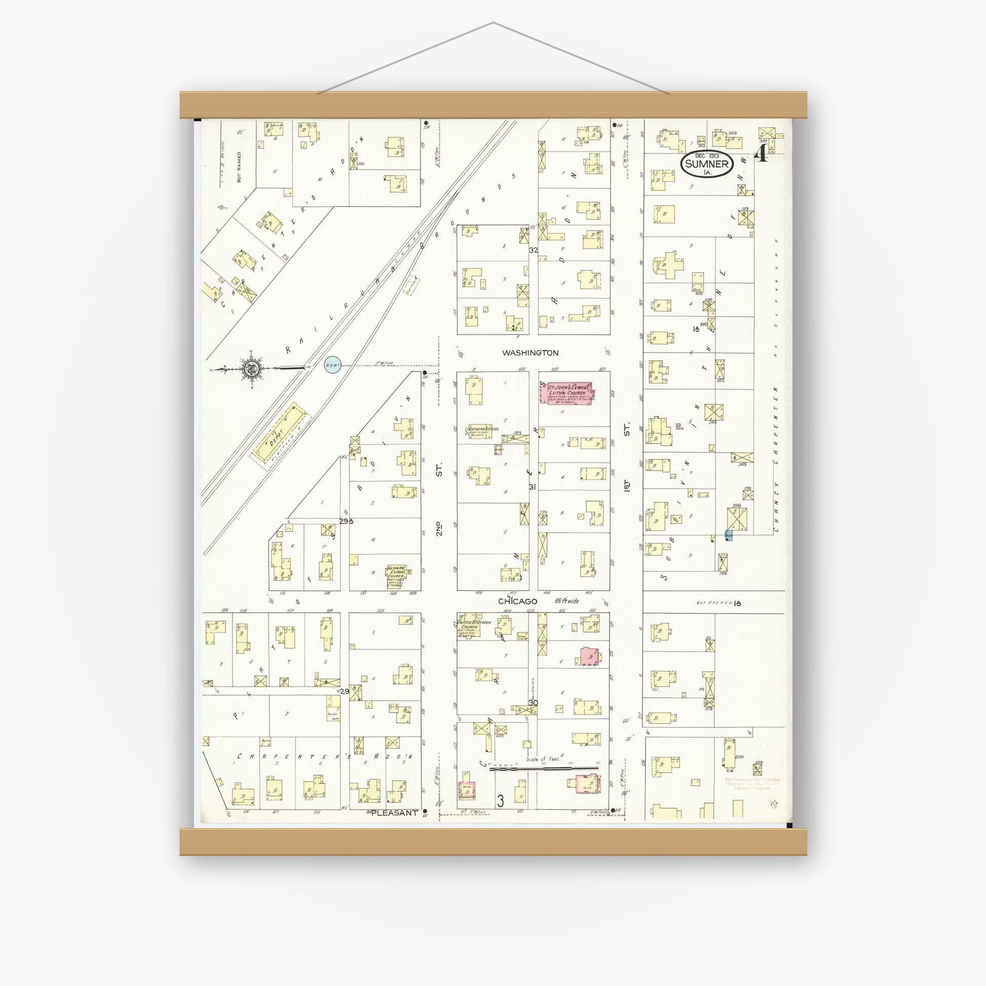 Old map wall art mockup — magnetic wood frame on white wall — Sanborn Fire Insurance Map from Sumner, Bremer County, Iowa (1913), Sheet #0004