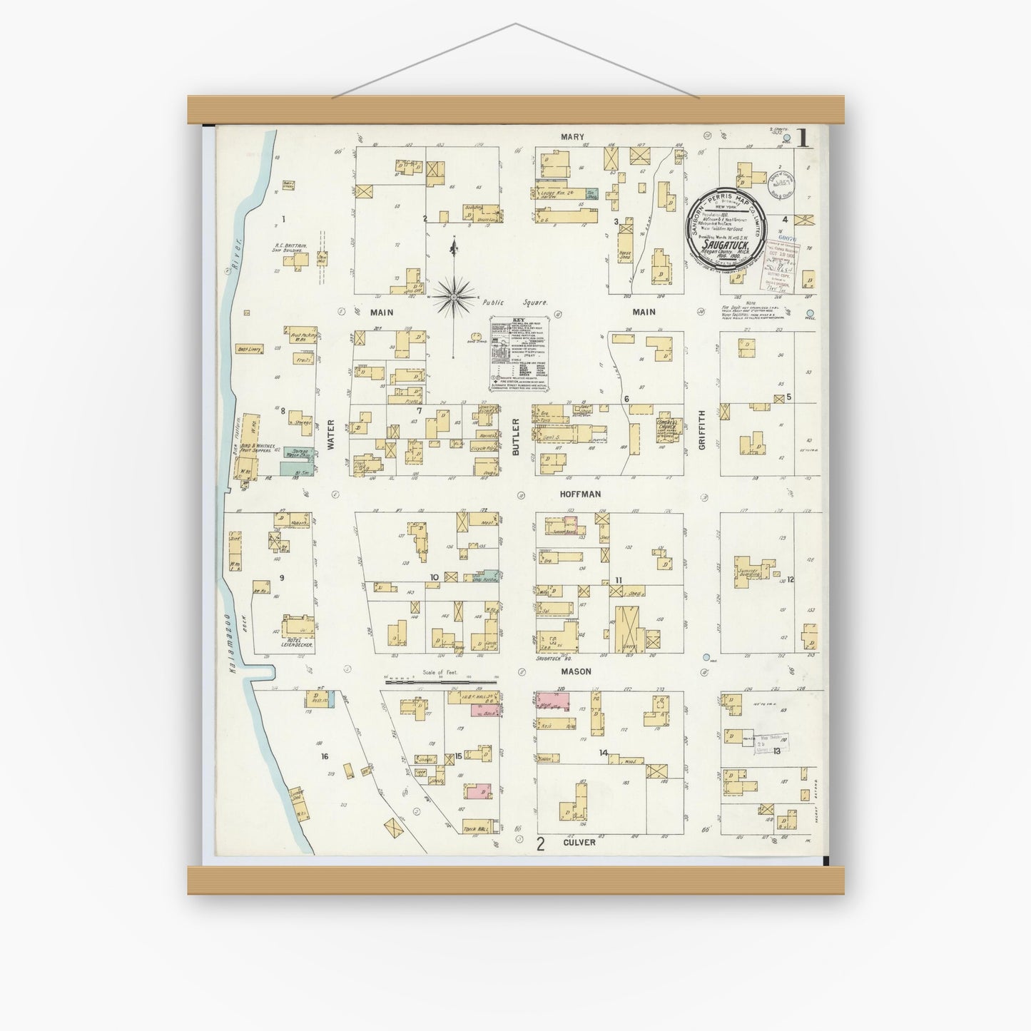 Old map wall art mockup — magnetic wood frame on white wall — Sanborn Fire Insurance Map from Saugatuck, Allegan County, Michigan (1900) - Complete Map Set