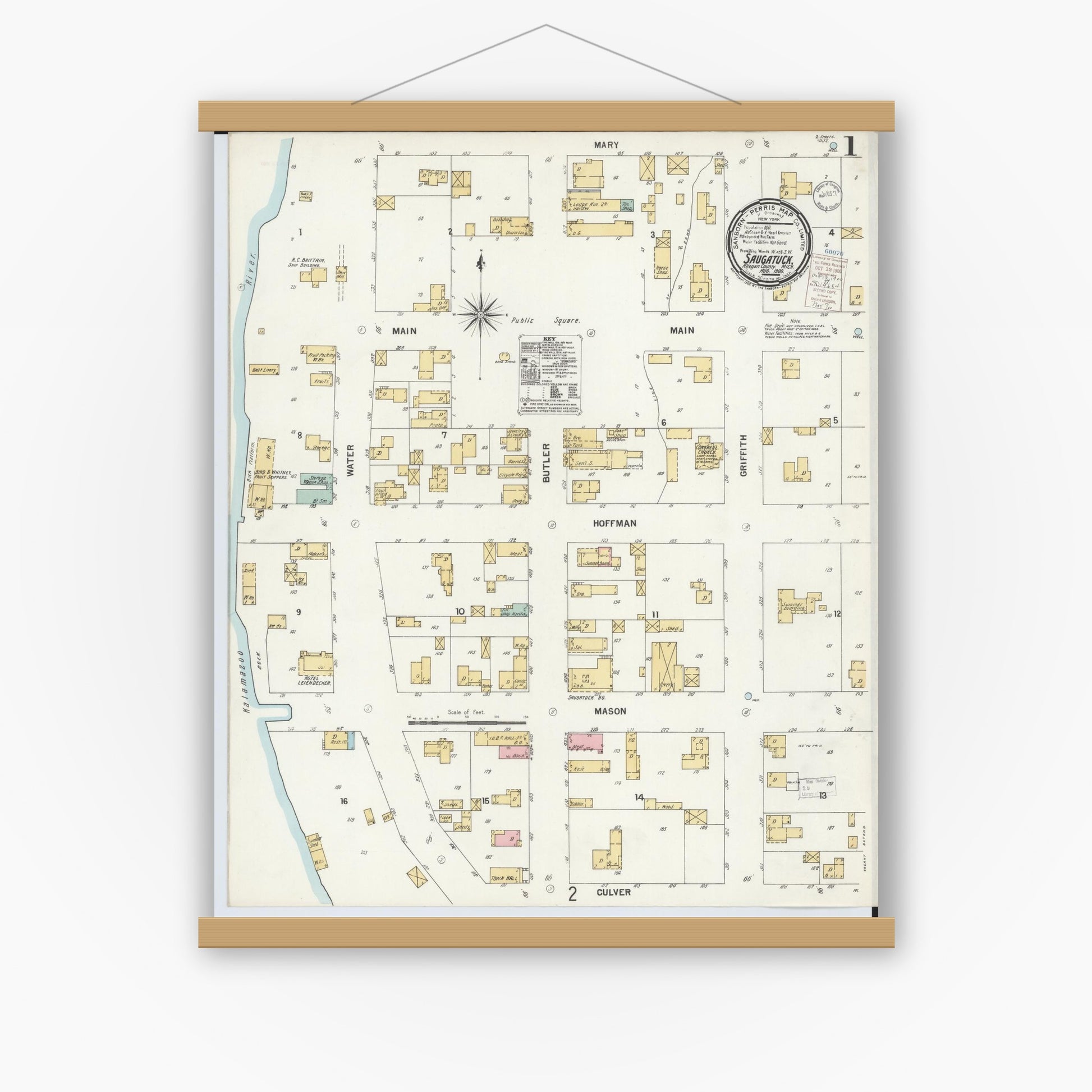 Old map wall art mockup — magnetic wood frame on white wall — Sanborn Fire Insurance Map from Saugatuck, Allegan County, Michigan (1900) - Complete Map Set