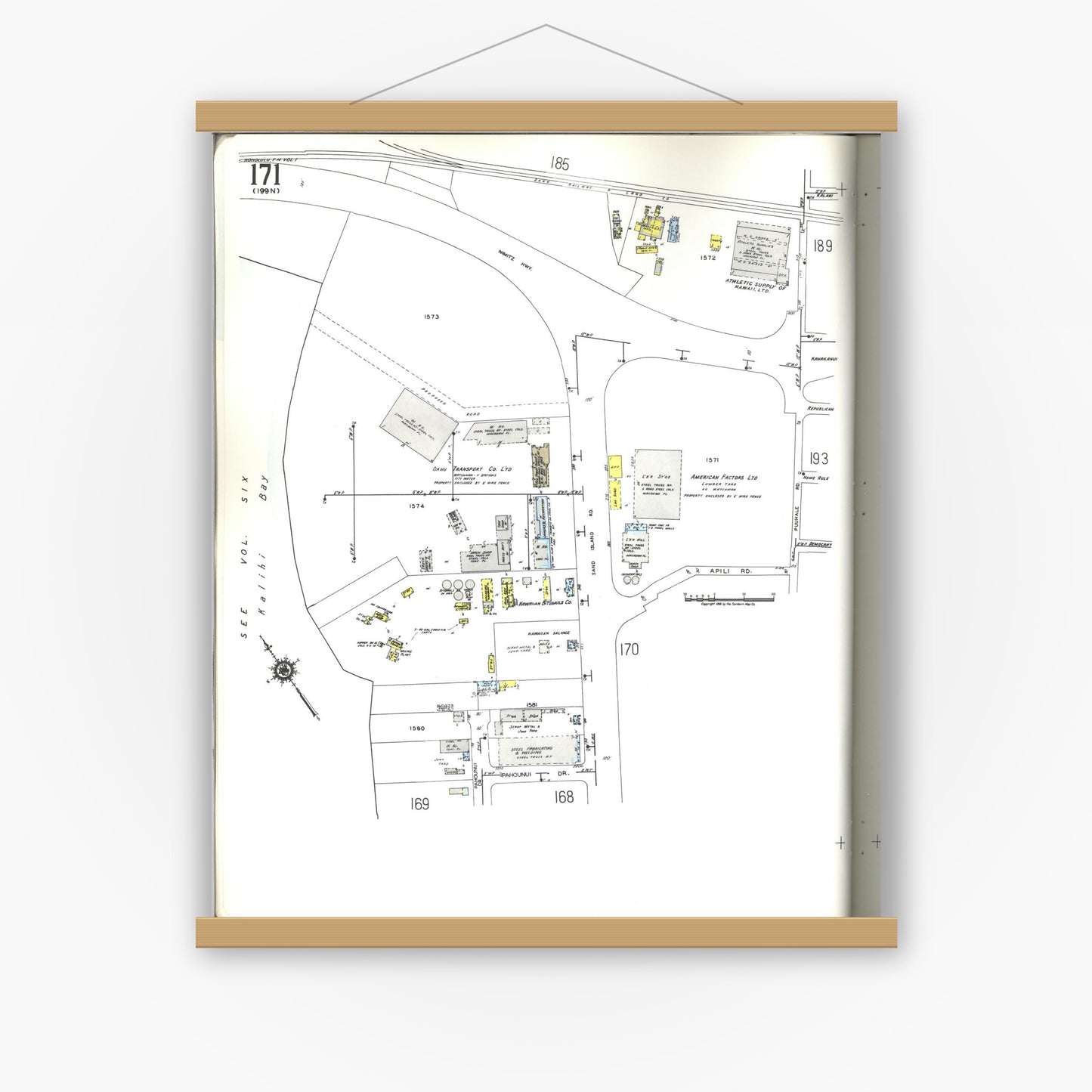 Old map wall art mockup — magnetic wood frame on white wall — Sanborn Fire Insurance Map from Honolulu, Oahu County, Hawaii (1955), Sheet #0171