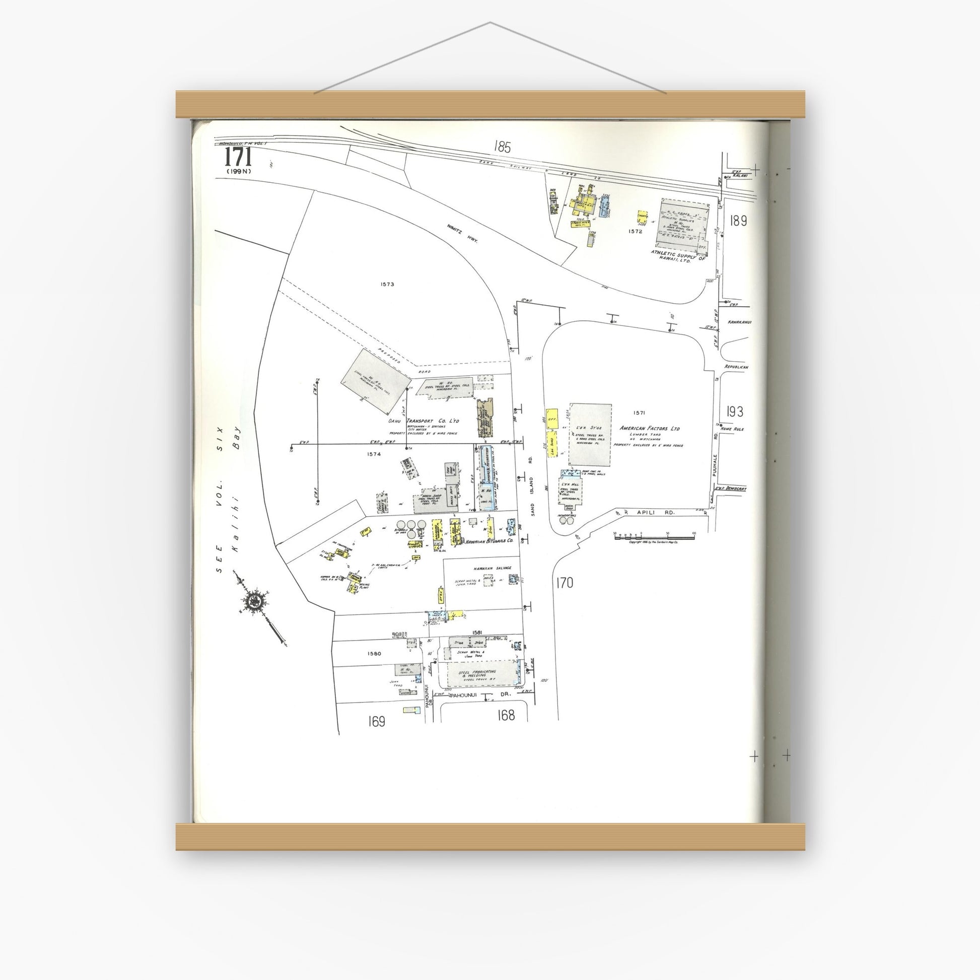 Old map wall art mockup — magnetic wood frame on white wall — Sanborn Fire Insurance Map from Honolulu, Oahu County, Hawaii (1955), Sheet #0171