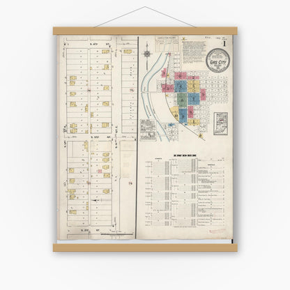 Old map wall art mockup — magnetic wood frame on white wall — Sanborn Fire Insurance Map from Gas City, Grant County, Indiana (1932), Sheet #0001