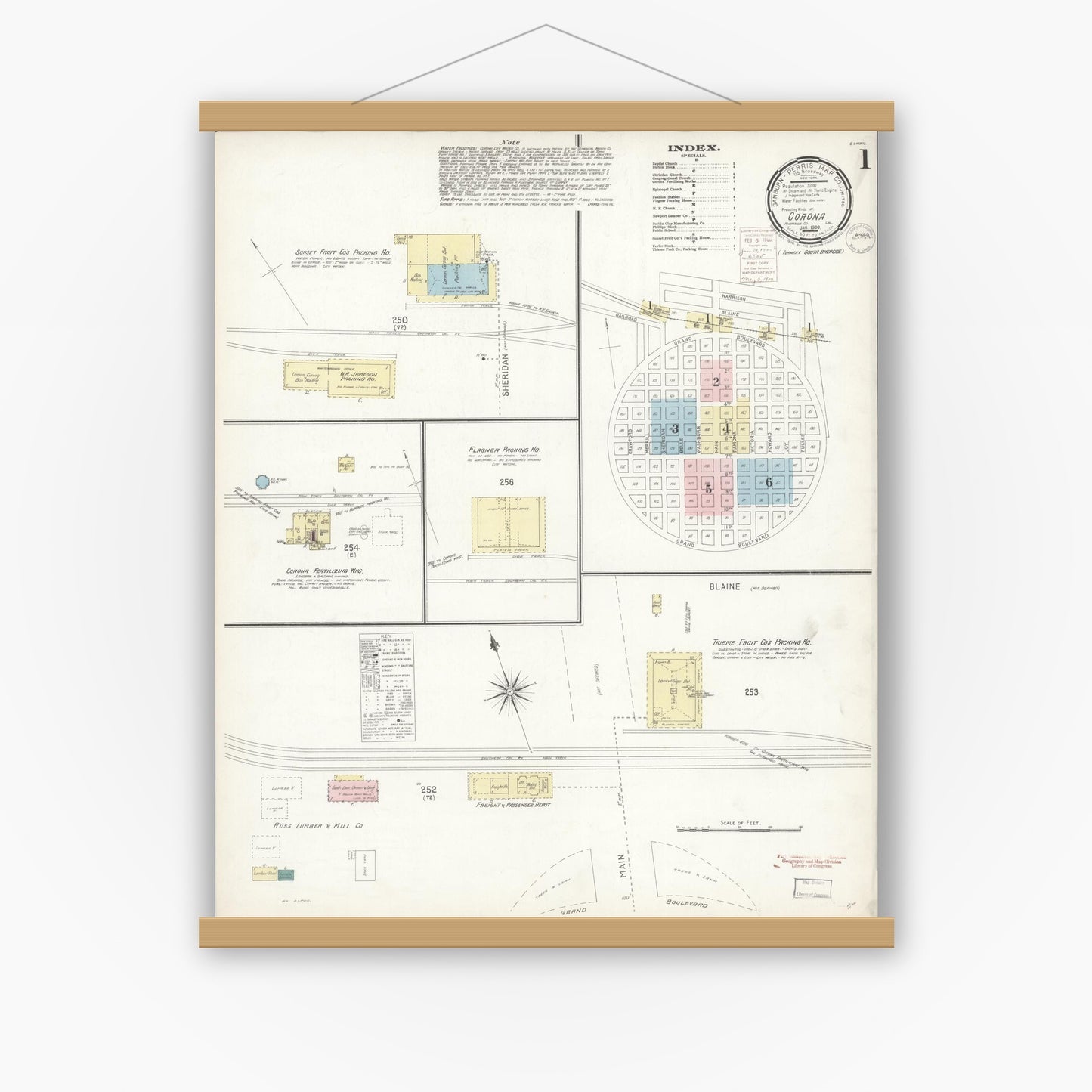 Old map wall art mockup — magnetic wood frame on white wall — Sanborn Fire Insurance Map from Corona, Riverside County, California (1900) - Complete Map Set