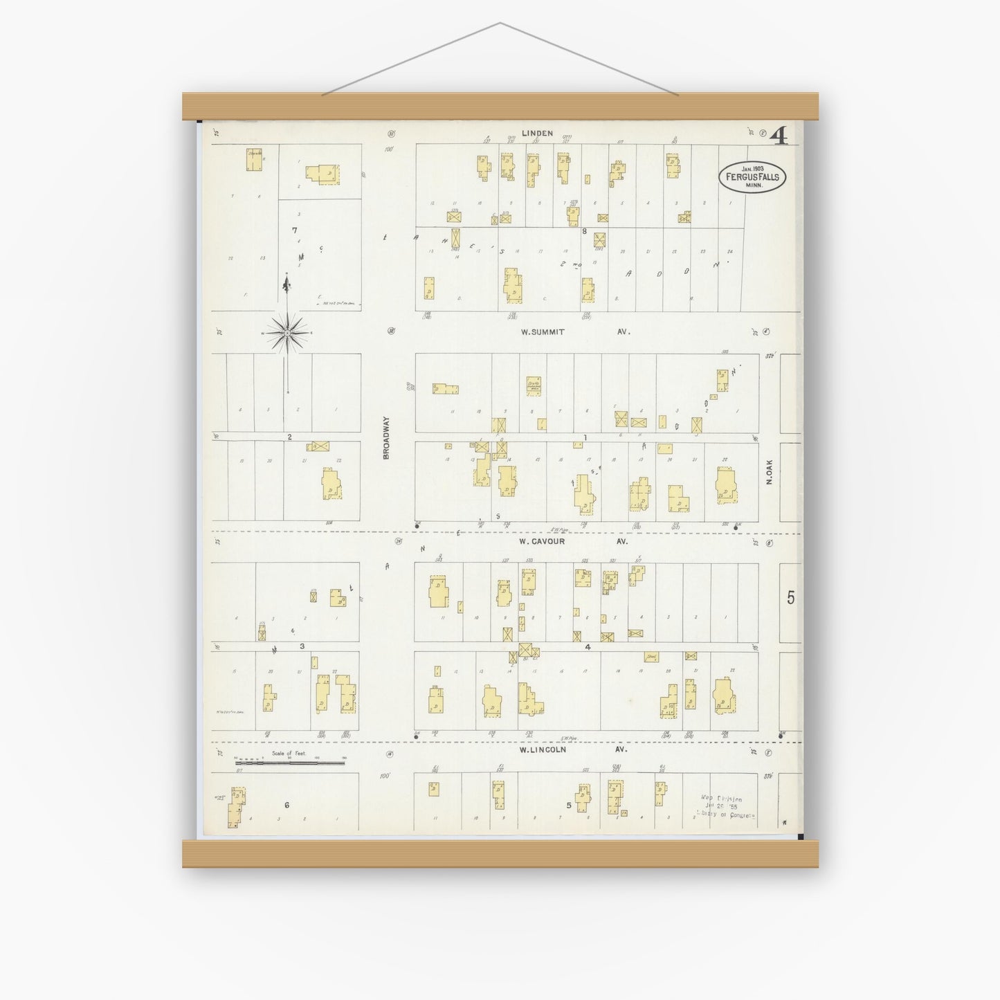 Old map wall art mockup — magnetic wood frame on white wall — Sanborn Fire Insurance Map from Fergus Falls, Otter Tail County, Minnesota (1903), Sheet #0004