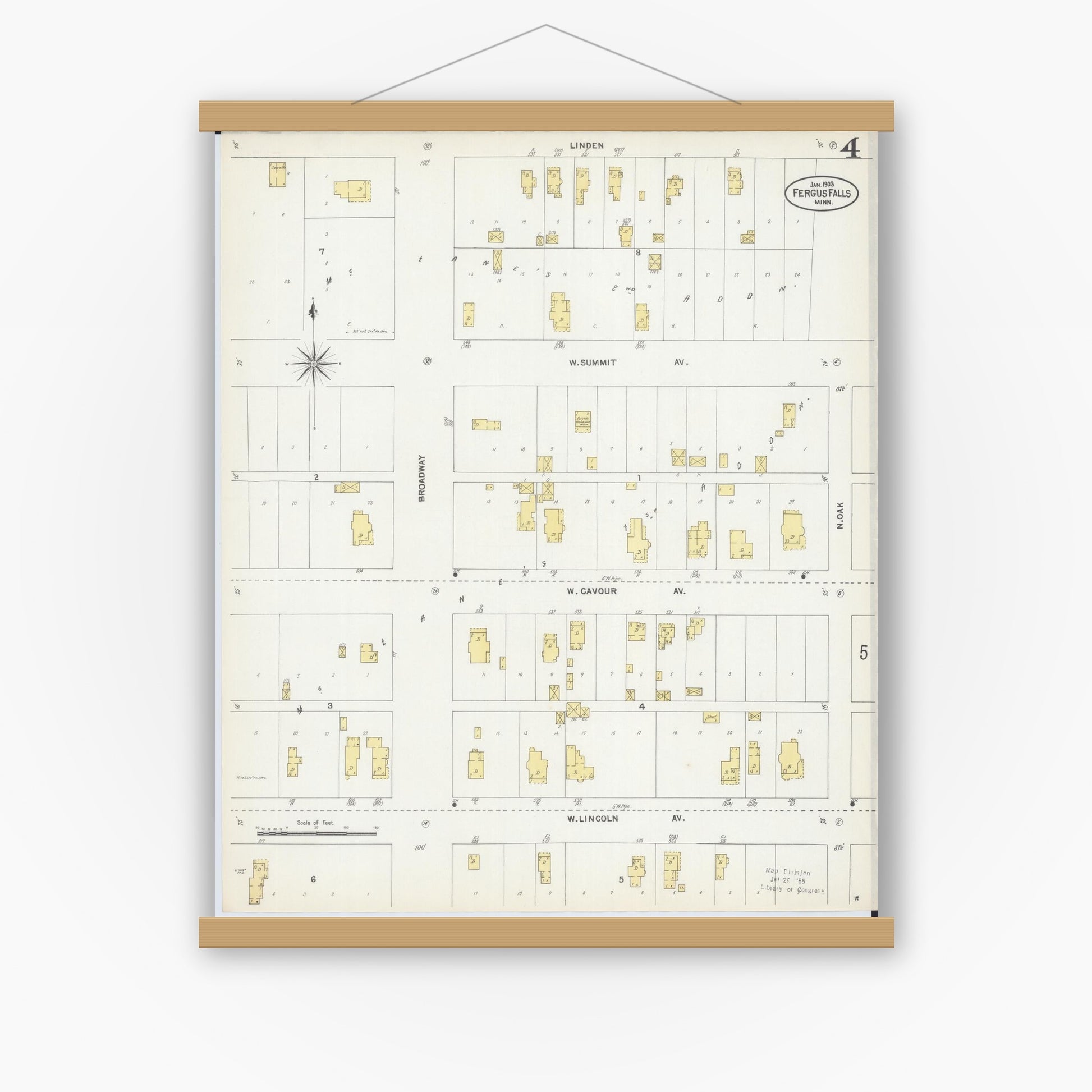 Old map wall art mockup — magnetic wood frame on white wall — Sanborn Fire Insurance Map from Fergus Falls, Otter Tail County, Minnesota (1903), Sheet #0004