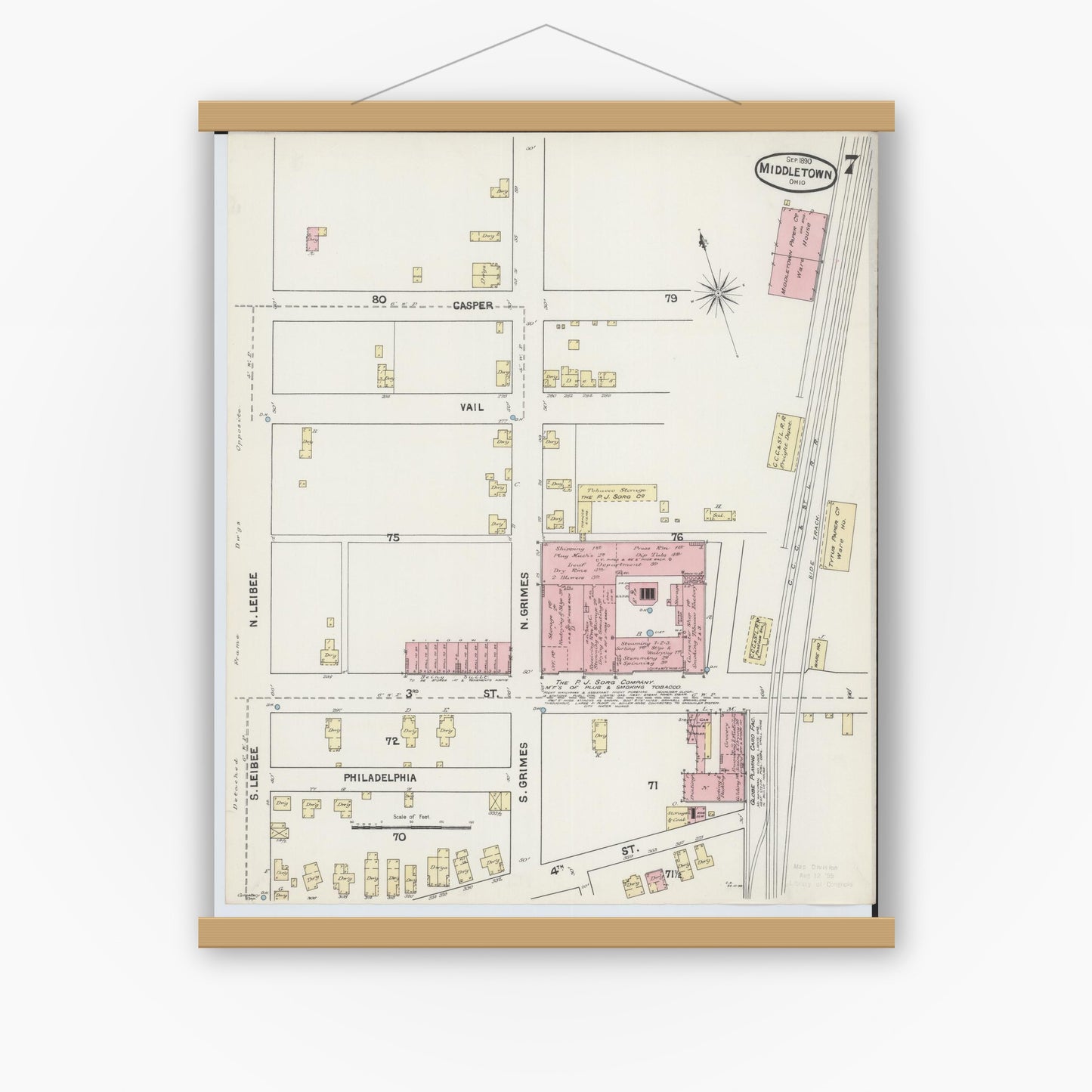 Old map wall art mockup — magnetic wood frame on white wall — Sanborn Fire Insurance Map from Middletown, Butler County, Ohio (1890), Sheet #0007