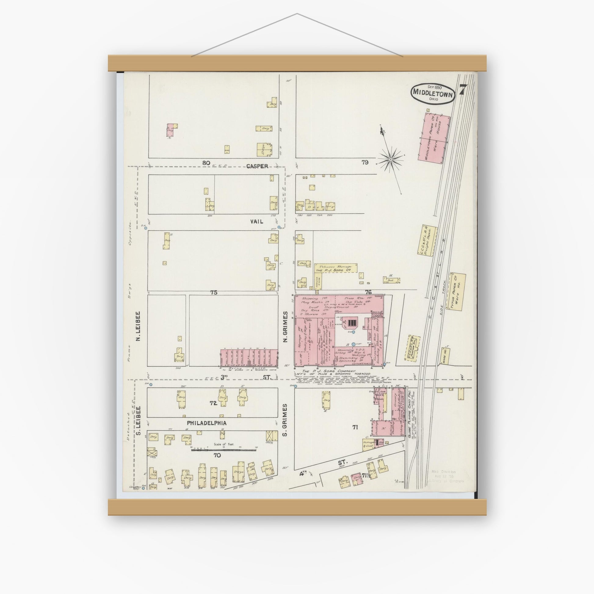 Old map wall art mockup — magnetic wood frame on white wall — Sanborn Fire Insurance Map from Middletown, Butler County, Ohio (1890), Sheet #0007