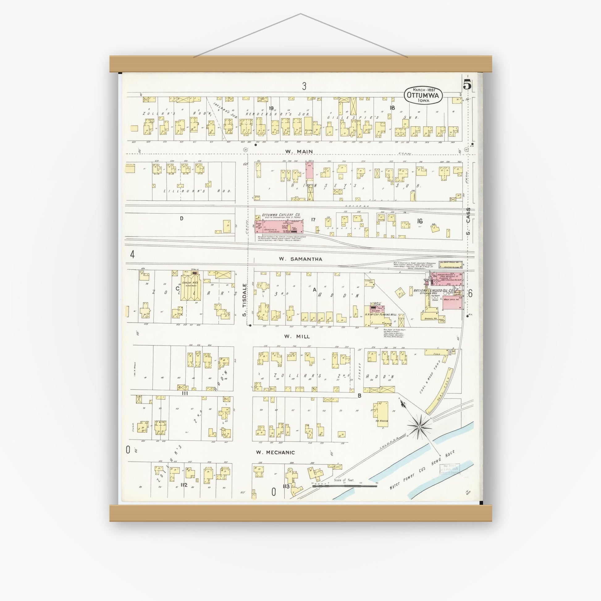 Old map wall art mockup — magnetic wood frame on white wall — Sanborn Fire Insurance Map from Ottumwa, Wapello County, Iowa (1897), Sheet #0005