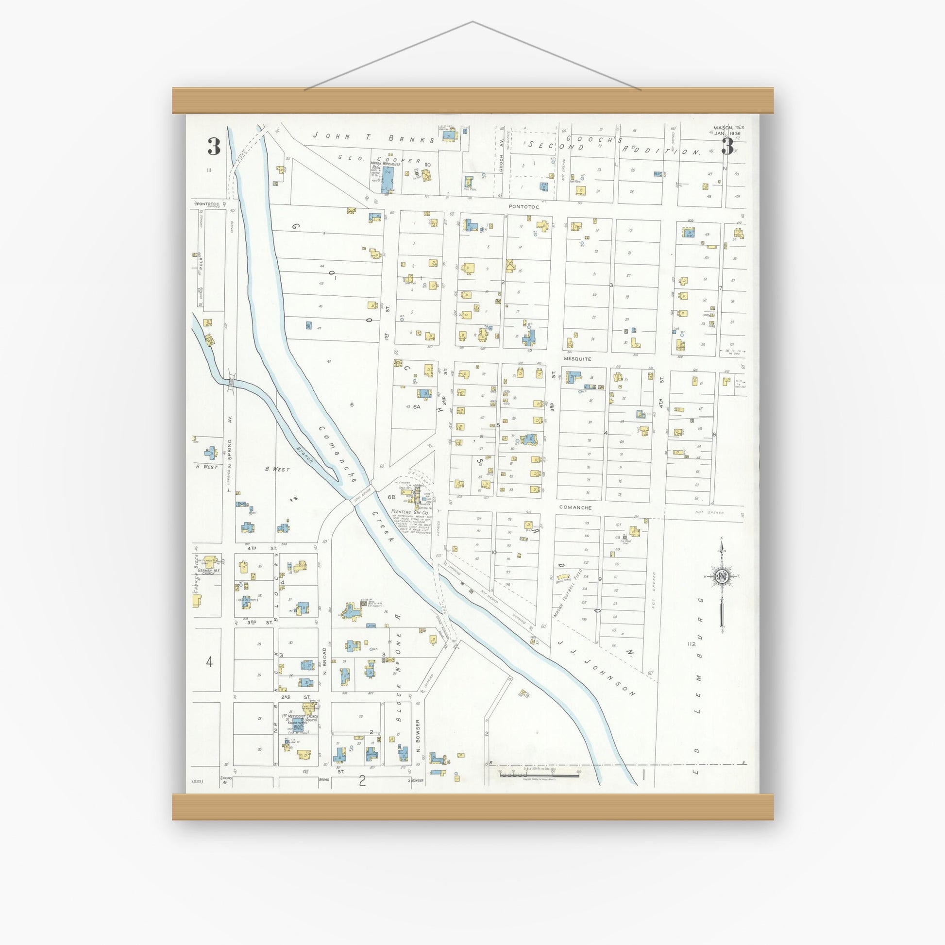 Old map wall art mockup — magnetic wood frame on white wall — Sanborn Fire Insurance Map from Mason, Mason County, Texas (1936), Sheet #0003