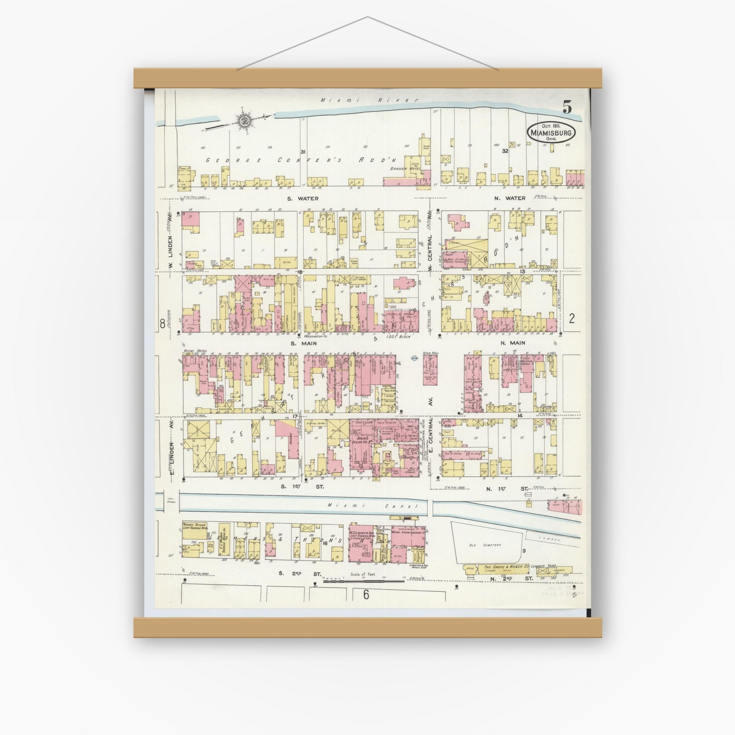 Old map wall art mockup — magnetic wood frame on white wall — Sanborn Fire Insurance Map from Miamisburg, Montgomery County, Ohio (1911), Sheet #0005