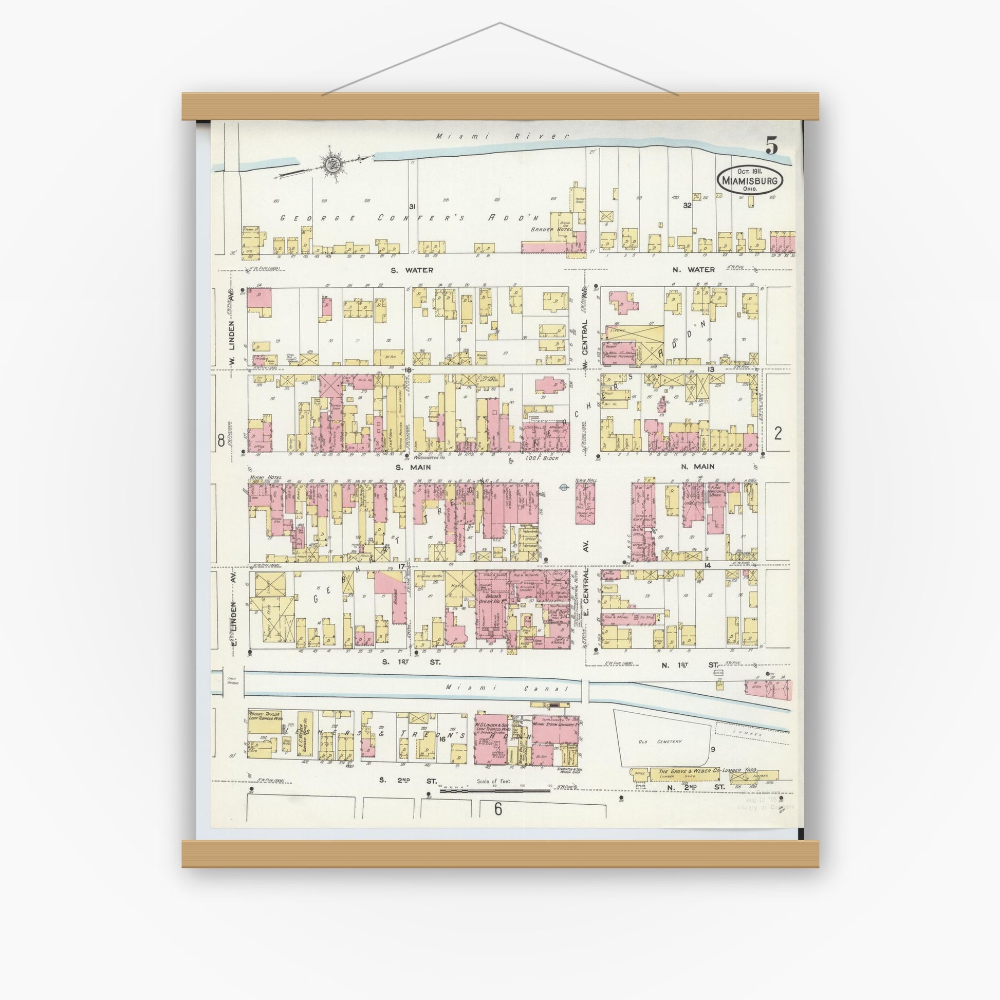 Old map wall art mockup — magnetic wood frame on white wall — Sanborn Fire Insurance Map from Miamisburg, Montgomery County, Ohio (1911), Sheet #0005