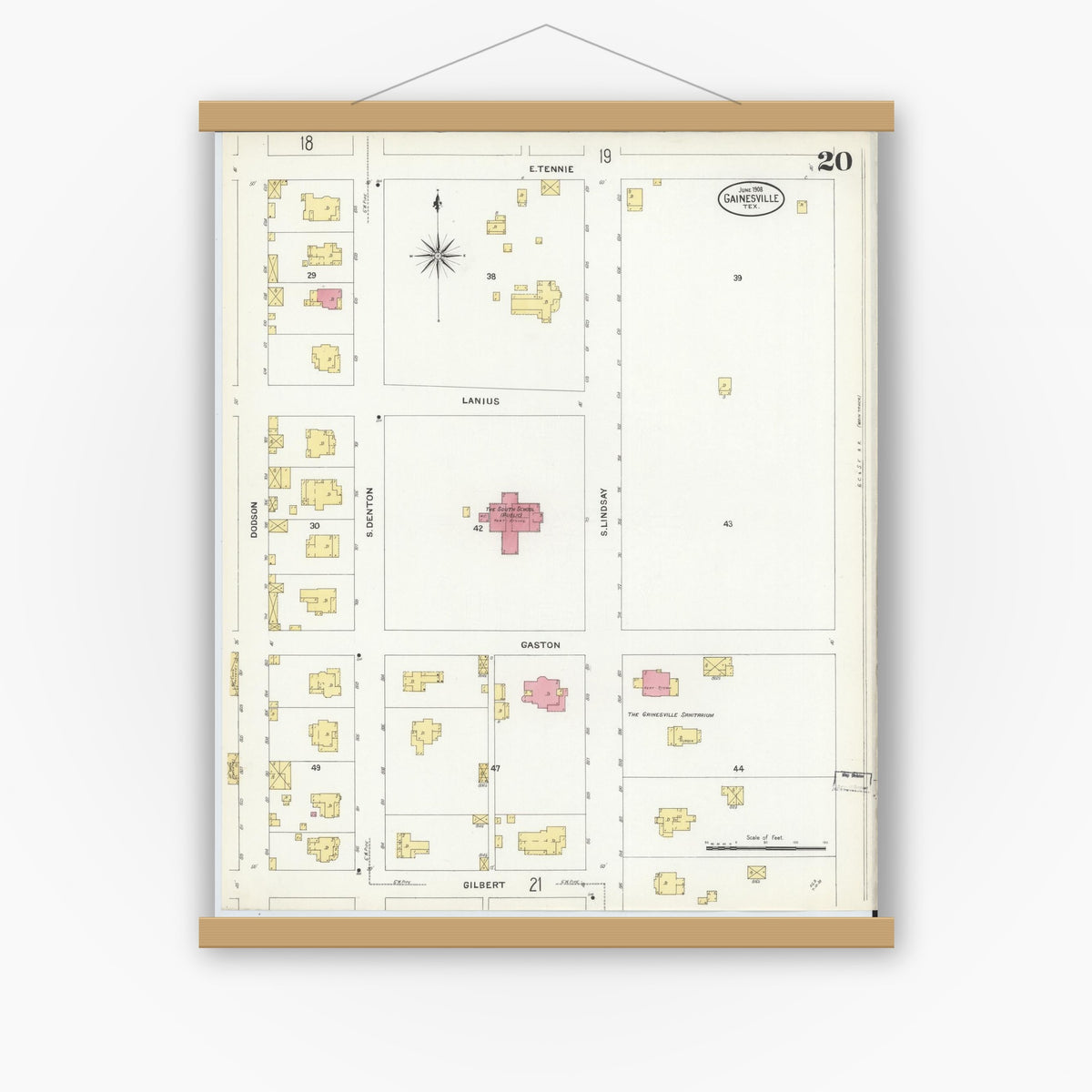 Old map wall art mockup — magnetic wood frame on white wall — Sanborn Fire Insurance Map from Gainesville, Cooke County, Texas (1908), Sheet #0020