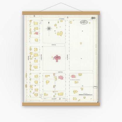 Old map wall art mockup — magnetic wood frame on white wall — Sanborn Fire Insurance Map from Gainesville, Cooke County, Texas (1908), Sheet #0020