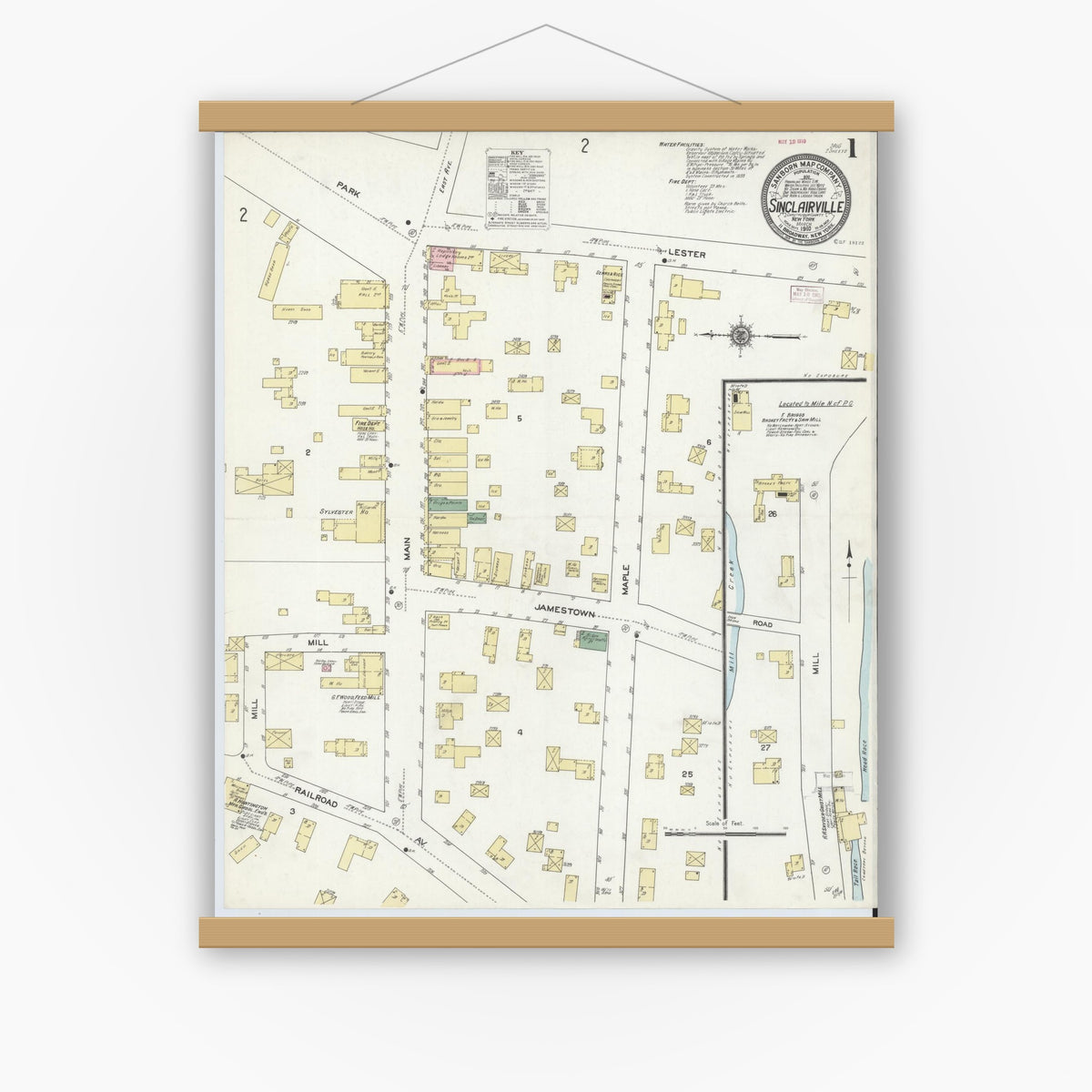 Old map wall art mockup — magnetic wood frame on white wall — Sanborn Fire Insurance Map from Sinclairville, Chautauqua County, New York (1910), Sheet #0001