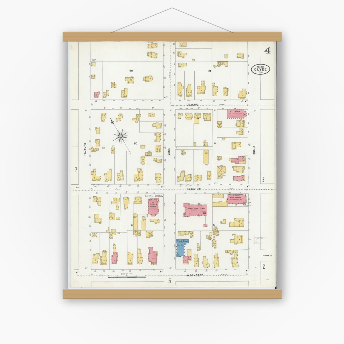 Old map wall art mockup — magnetic wood frame on white wall — Sanborn Fire Insurance Map from Clyde, Wayne County, New York (1906), Sheet #0004