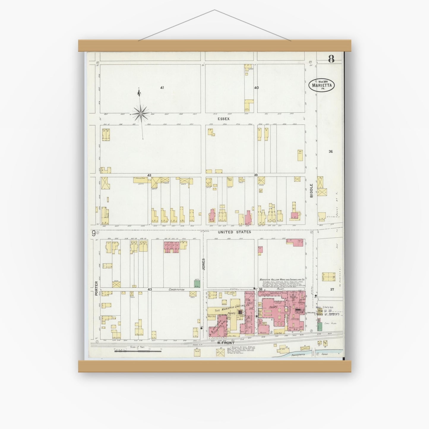 Old map wall art mockup — magnetic wood frame on white wall — Sanborn Fire Insurance Map from Marietta, Lancaster County, Pennsylvania (1899), Sheet #0008