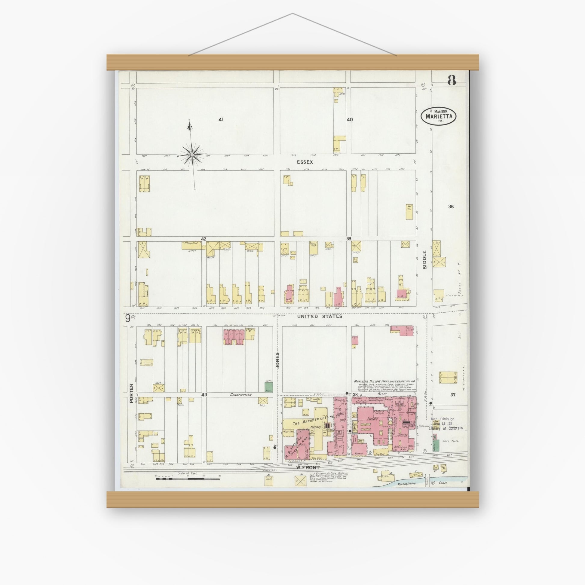 Old map wall art mockup — magnetic wood frame on white wall — Sanborn Fire Insurance Map from Marietta, Lancaster County, Pennsylvania (1899), Sheet #0008