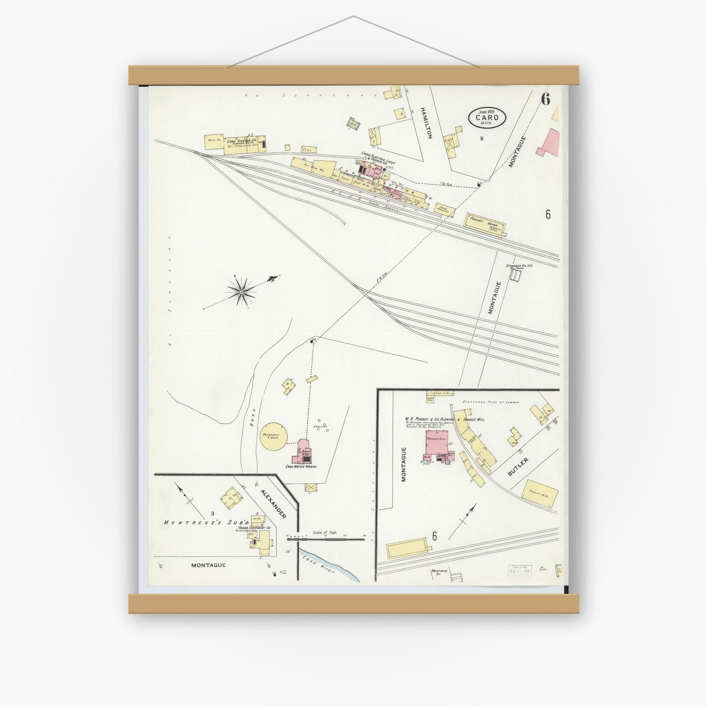 Old map wall art mockup — magnetic wood frame on white wall — Sanborn Fire Insurance Map from Caro, Tuscola County, Michigan (1909), Sheet #0006