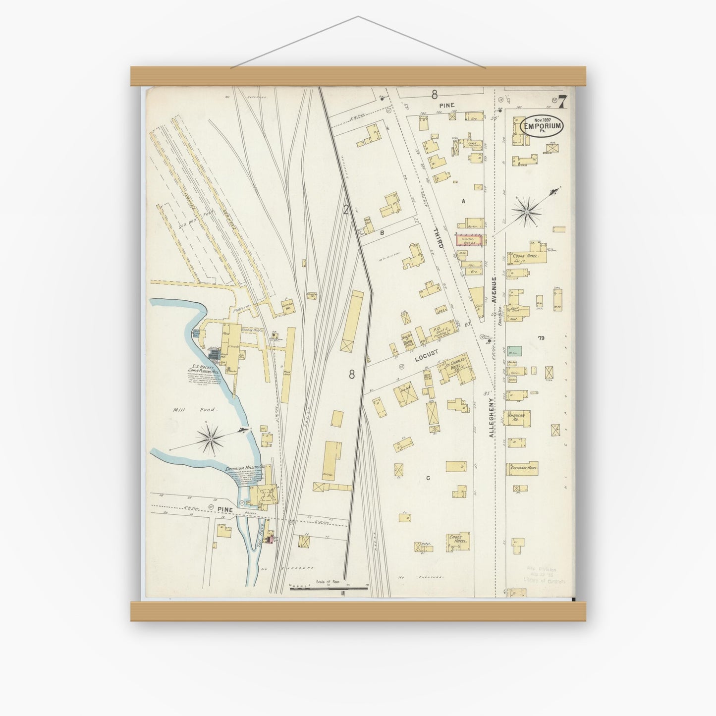 Old map wall art mockup — magnetic wood frame on white wall — Sanborn Fire Insurance Map from Emporium, Cameron County, Pennsylvania (1897), Sheet #0007