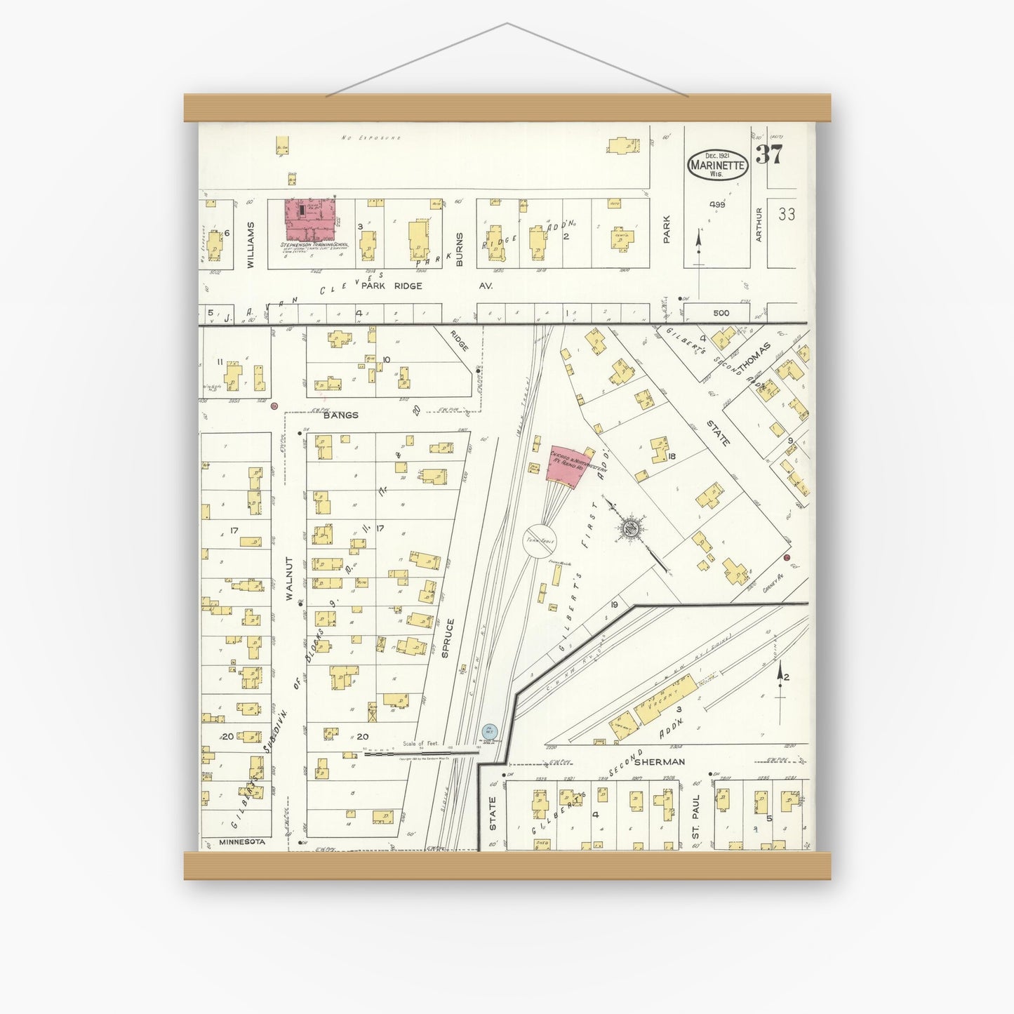 Old map wall art mockup — magnetic wood frame on white wall — Sanborn Fire Insurance Map from Marinette, Marinette County, Wisconsin (1921), Sheet #0037