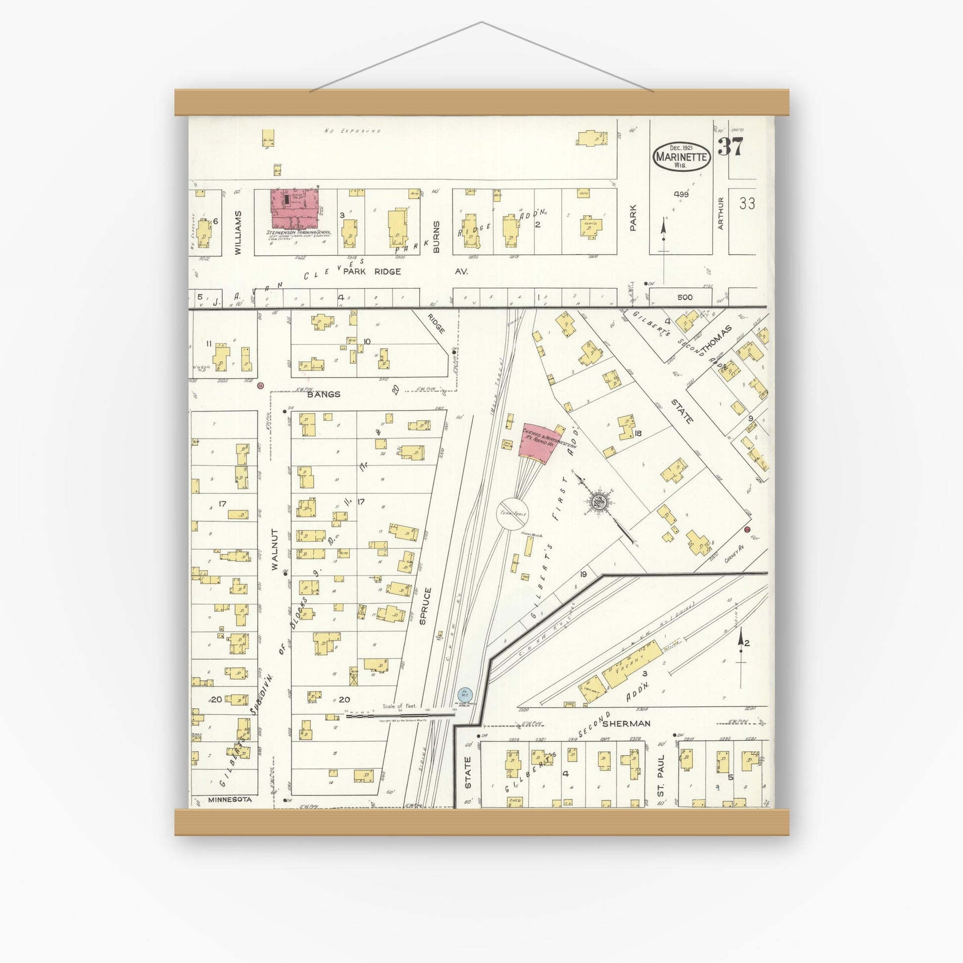 Old map wall art mockup — magnetic wood frame on white wall — Sanborn Fire Insurance Map from Marinette, Marinette County, Wisconsin (1921), Sheet #0037