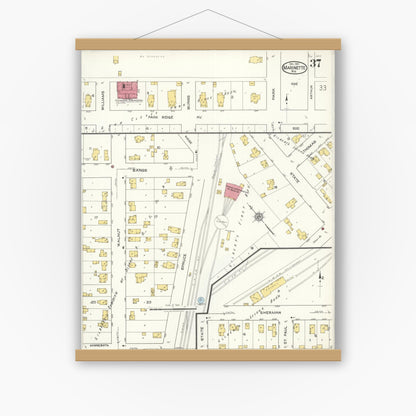 Old map wall art mockup — magnetic wood frame on white wall — Sanborn Fire Insurance Map from Marinette, Marinette County, Wisconsin (1921), Sheet #0037