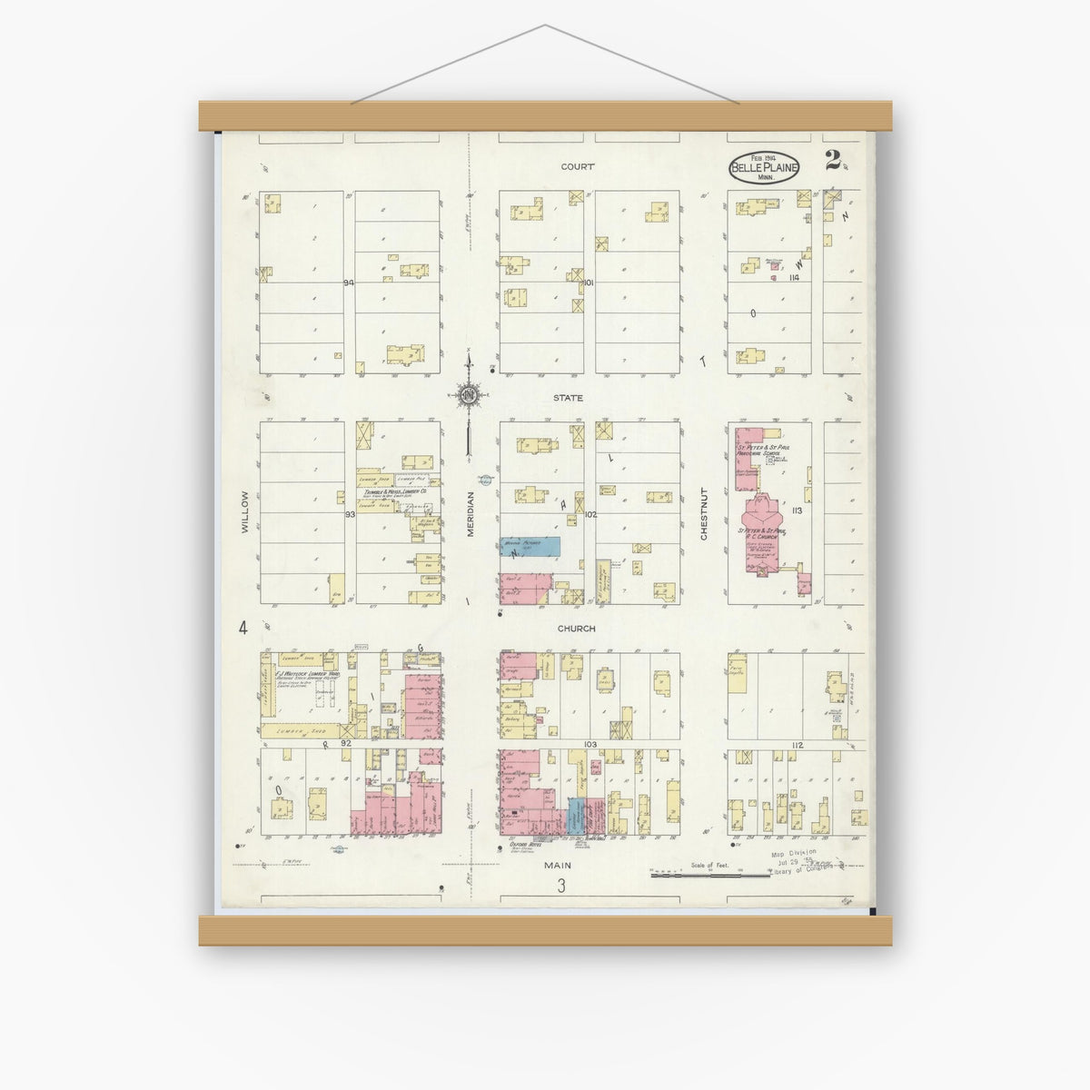 Old map wall art mockup — magnetic wood frame on white wall — Sanborn Fire Insurance Map from Belle Plaine, Scott County, Minnesota (1914), Sheet #0002