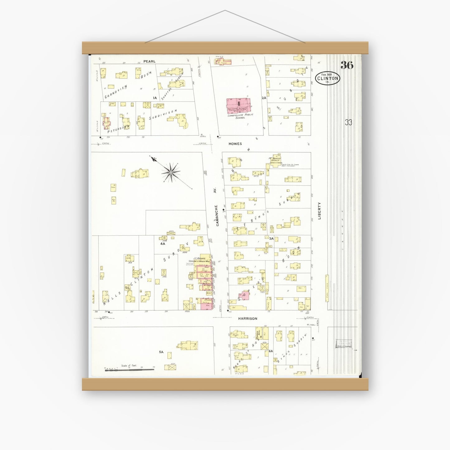 Old map wall art mockup — magnetic wood frame on white wall — Sanborn Fire Insurance Map from Clinton, Clinton County, Iowa (1909), Sheet #0036