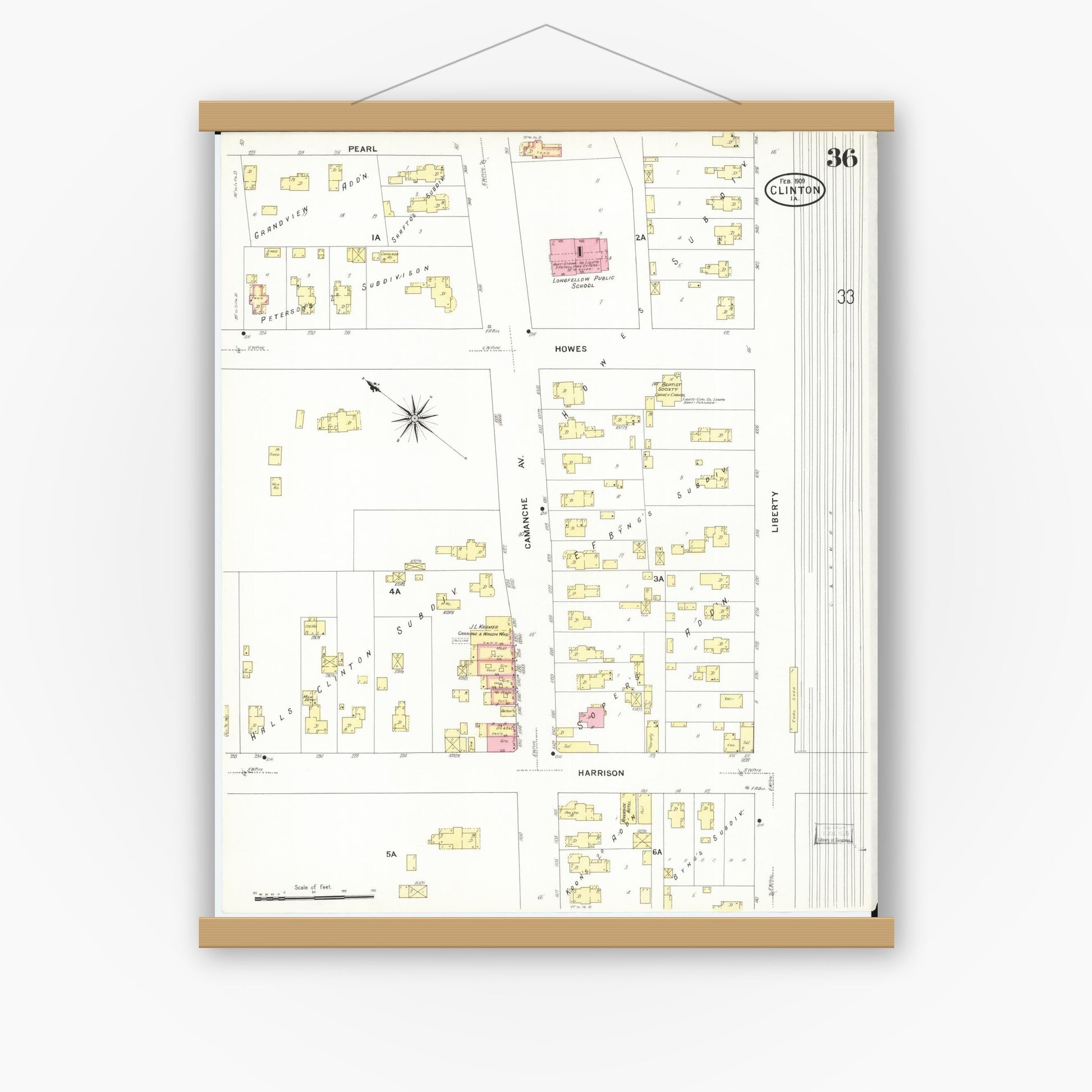 Old map wall art mockup — magnetic wood frame on white wall — Sanborn Fire Insurance Map from Clinton, Clinton County, Iowa (1909), Sheet #0036
