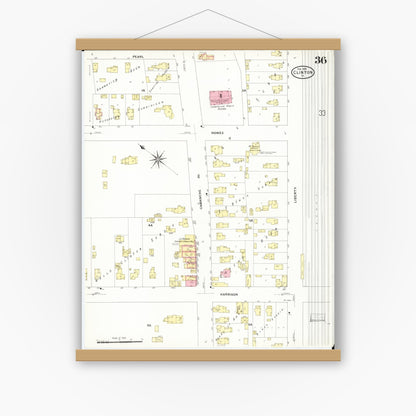 Old map wall art mockup — magnetic wood frame on white wall — Sanborn Fire Insurance Map from Clinton, Clinton County, Iowa (1909), Sheet #0036