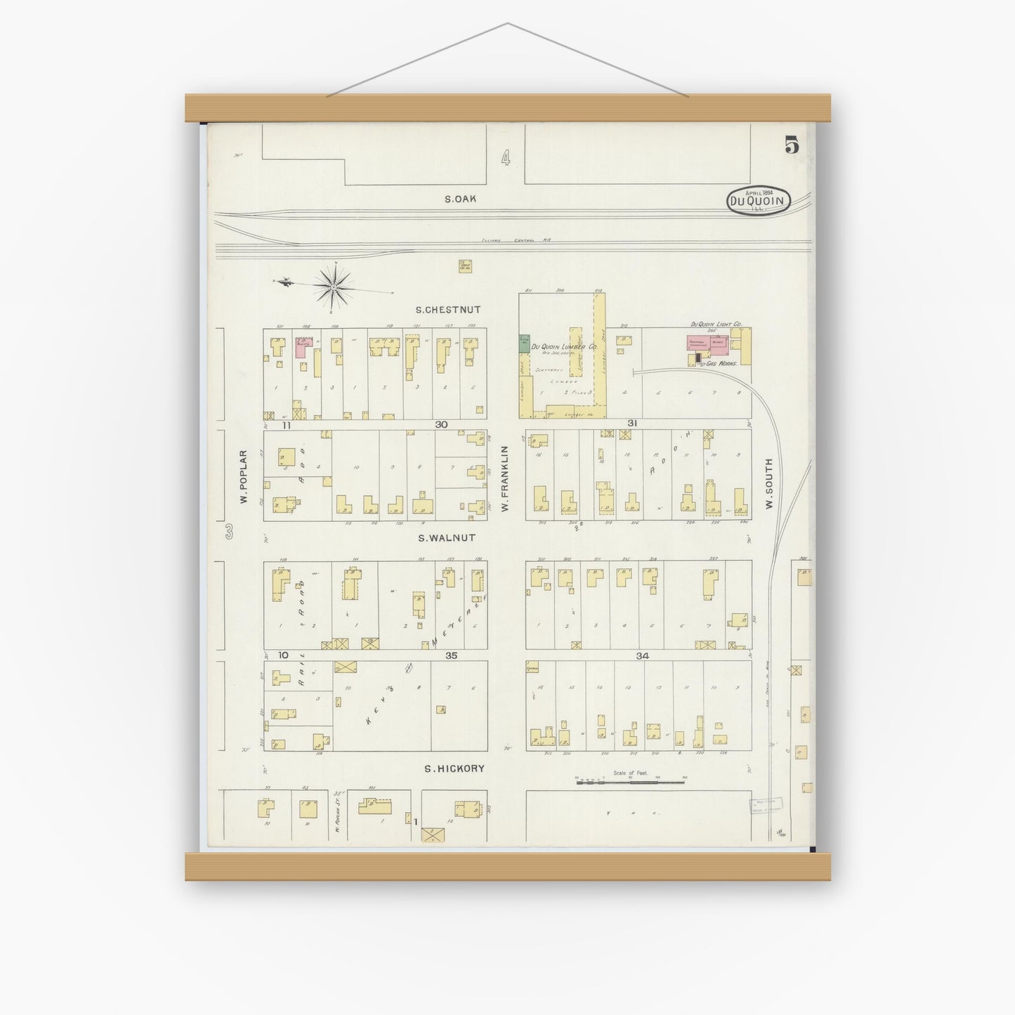 Old map wall art mockup — magnetic wood frame on white wall — Sanborn Fire Insurance Map from Du Quoin, Perry County, Illinois (1894), Sheet #0005