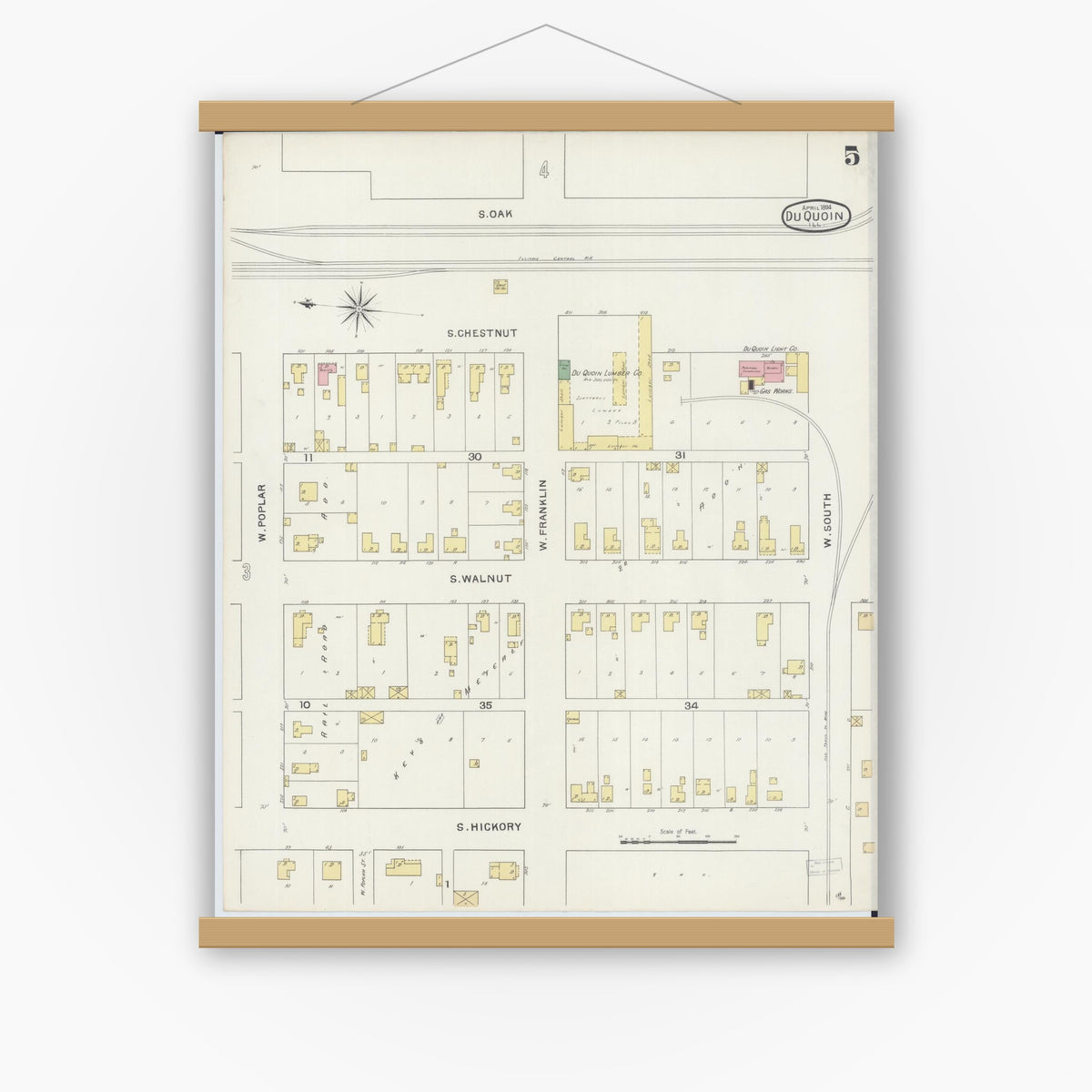 Old map wall art mockup — magnetic wood frame on white wall — Sanborn Fire Insurance Map from Du Quoin, Perry County, Illinois (1894), Sheet #0005