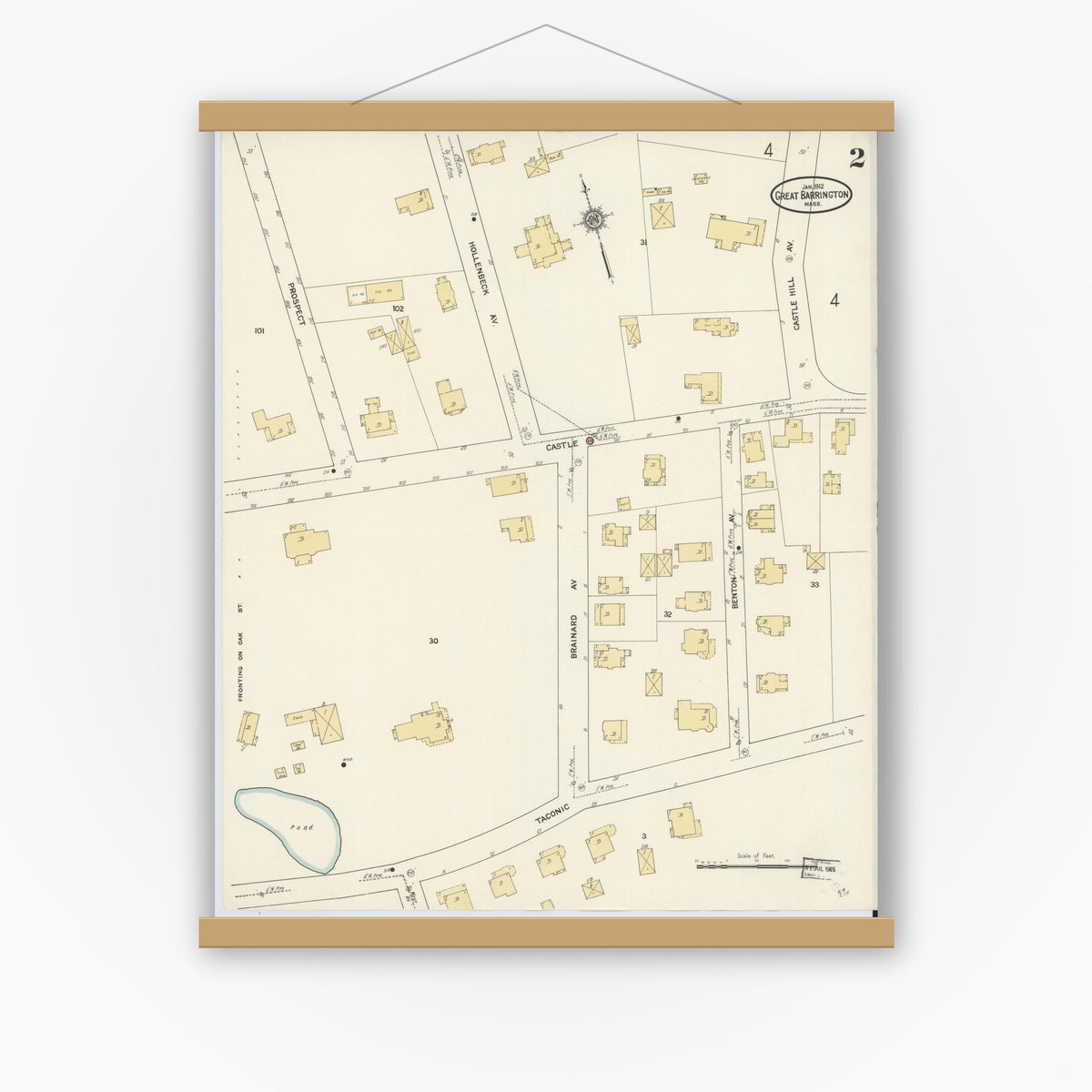 Old map wall art mockup — magnetic wood frame on white wall — Sanborn Fire Insurance Map from Great Barrington, Berkshire County, Massachusetts (1912), Sheet #0002