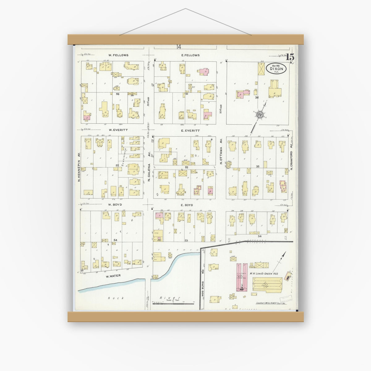 Old map wall art mockup — magnetic wood frame on white wall — Sanborn Fire Insurance Map from Dixon, Lee County, Illinois (1910), Sheet #0015