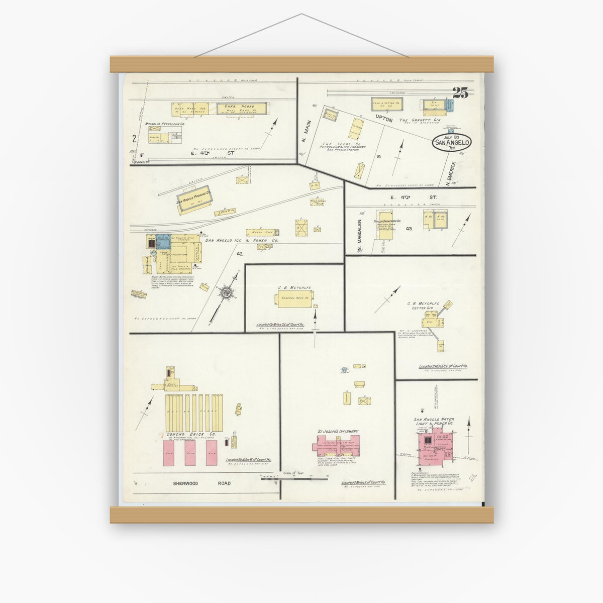 Old map wall art mockup — magnetic wood frame on white wall — Sanborn Fire Insurance Map from San Angelo, Tom Green County, Texas (1913), Sheet #0025