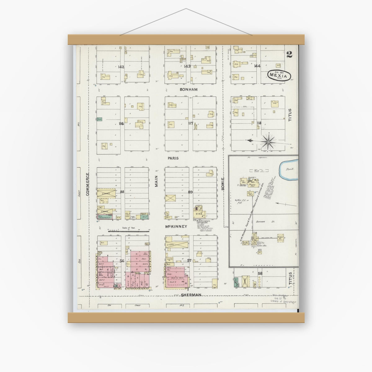 Old map wall art mockup — magnetic wood frame on white wall — Sanborn Fire Insurance Map from Mexia, Limestone County, Texas (1891), Sheet #0002