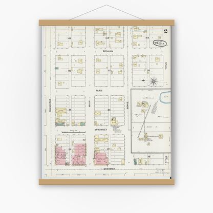 Old map wall art mockup — magnetic wood frame on white wall — Sanborn Fire Insurance Map from Mexia, Limestone County, Texas (1891), Sheet #0002